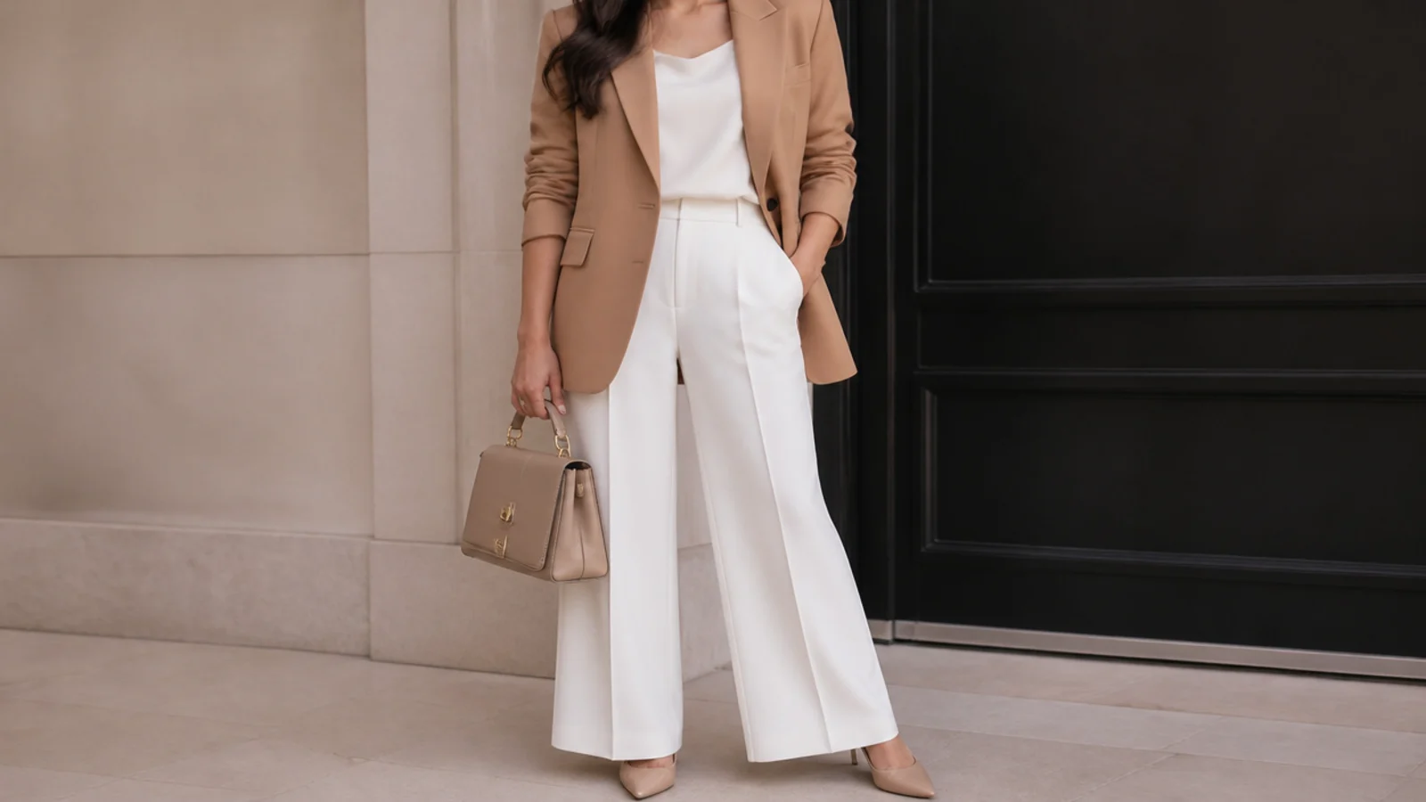 Faceless workwear outfit with a structured camel blazer over a white shell with white wide-leg trousers and nude pumps