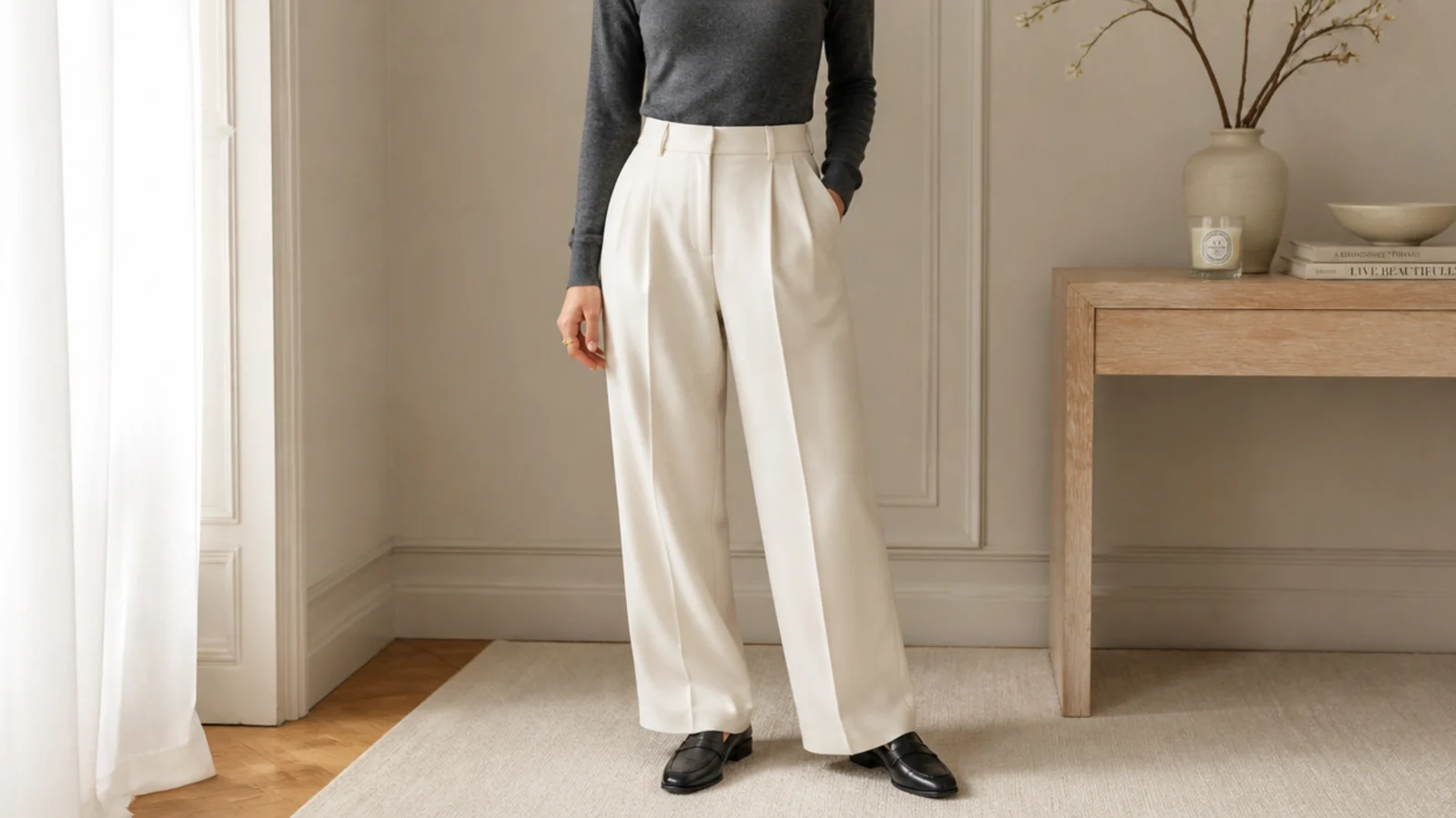 Faceless outfit with a fitted charcoal fine-knit tucked into cream crepe trousers with black leather loafers