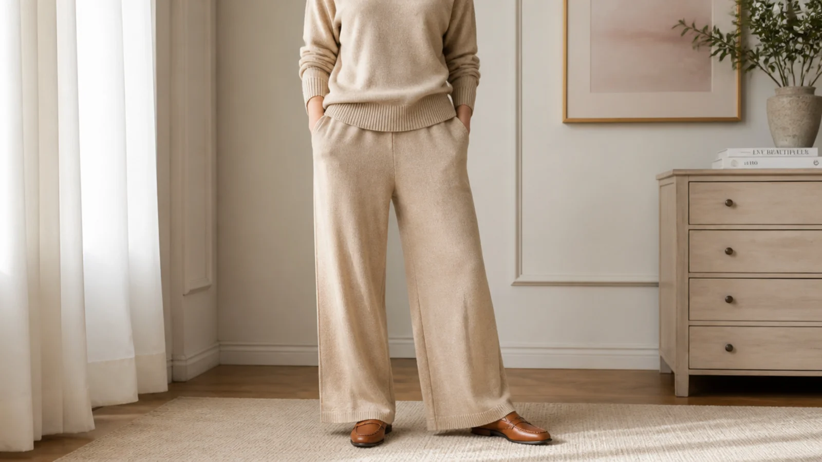 Faceless outfit with a matching beige cashmere knit top and wide-leg knit trousers with tan loafers