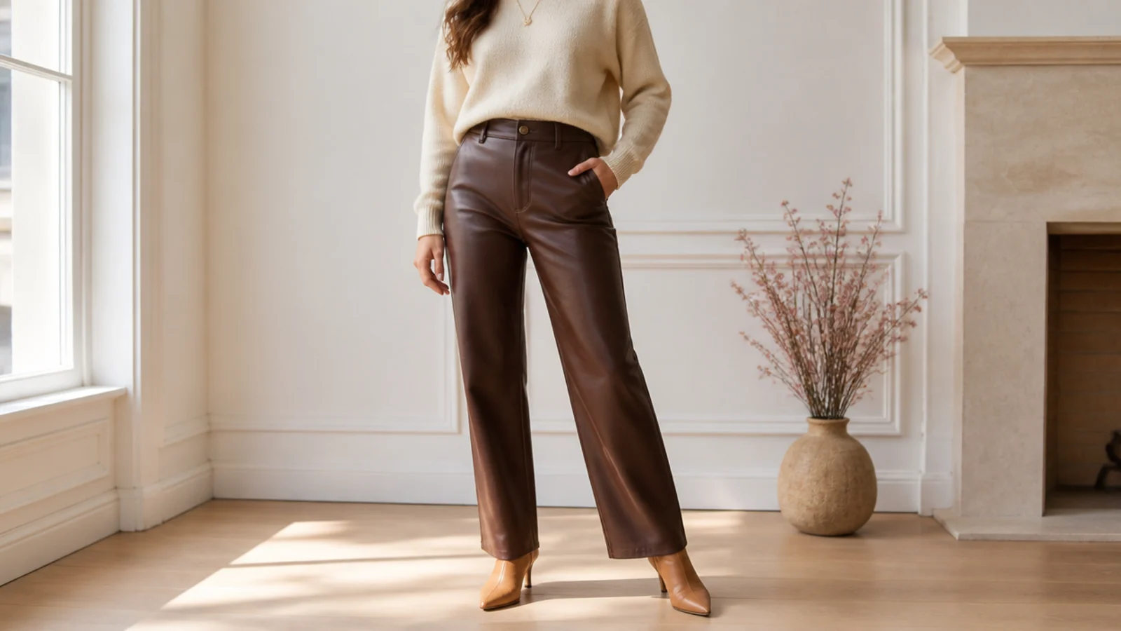 Faceless outfit with a cream cashmere crewneck tucked into chocolate brown leather trousers with tan boots