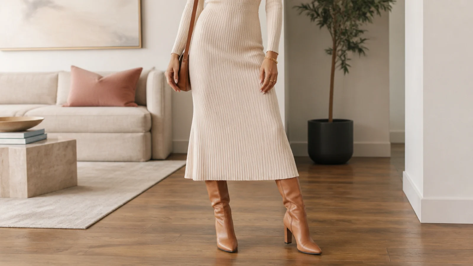 Faceless outfit with a fitted ivory ribbed knit midi dress and tan leather knee-high boots with gold jewelry