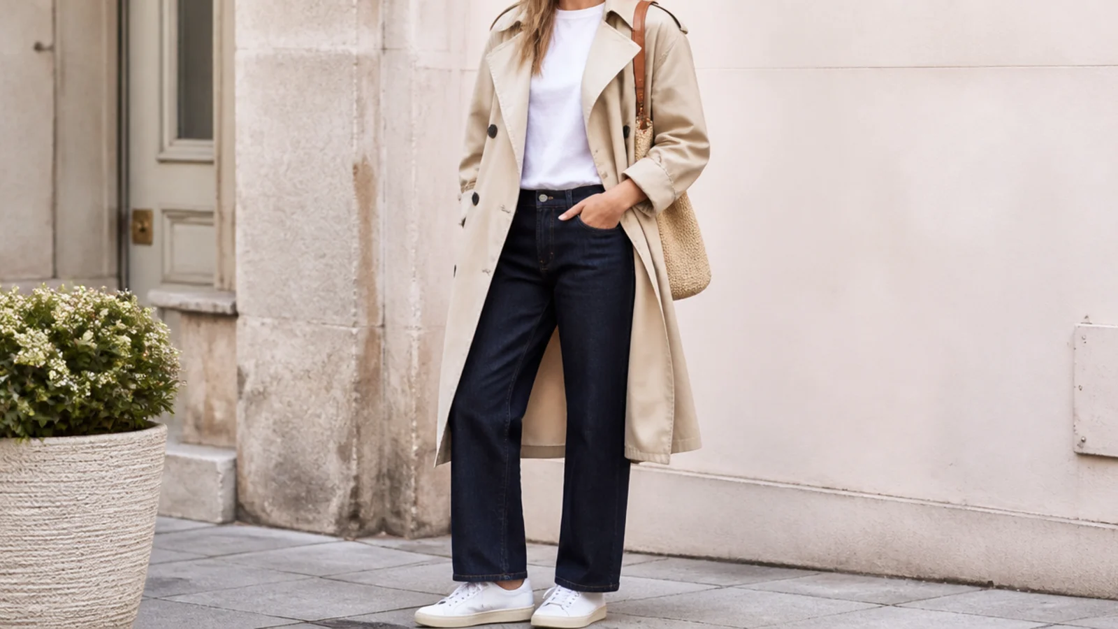 Faceless casual outfit with a beige trench coat over a white tee with dark straight jeans and white leather sneakers