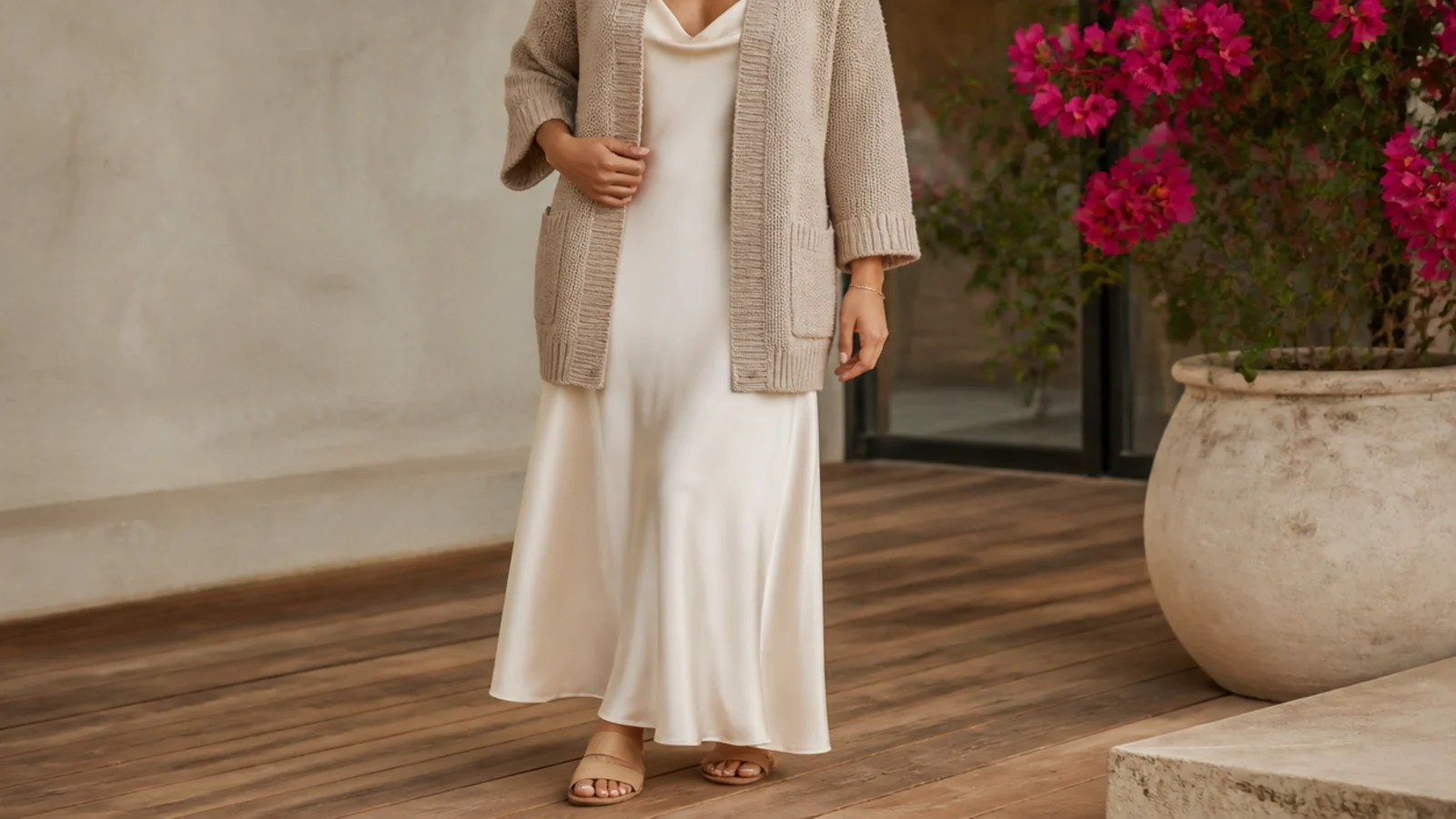 Faceless outfit with an oatmeal knit cardigan open over a cream satin slip dress with tan flat sandals