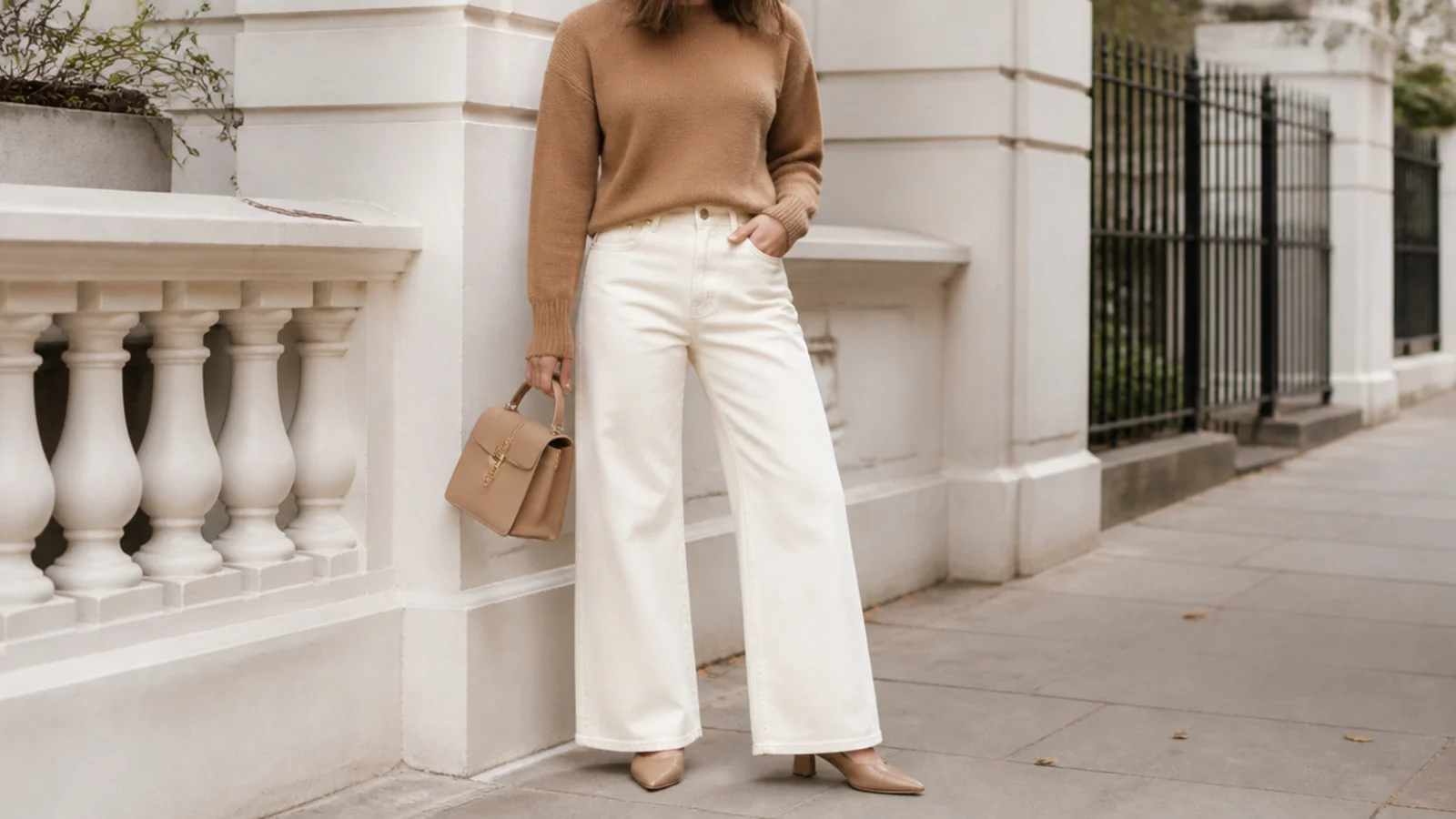 Faceless outfit with a camel fine-gauge knit tucked into cream wide-leg jeans with tan mules and a structured bag