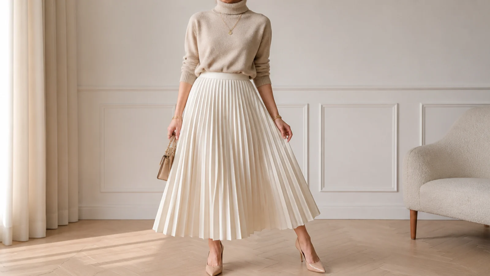 Faceless outfit with a beige cashmere turtleneck tucked into an ivory pleated satin midi skirt with nude heels and gold jewelry
