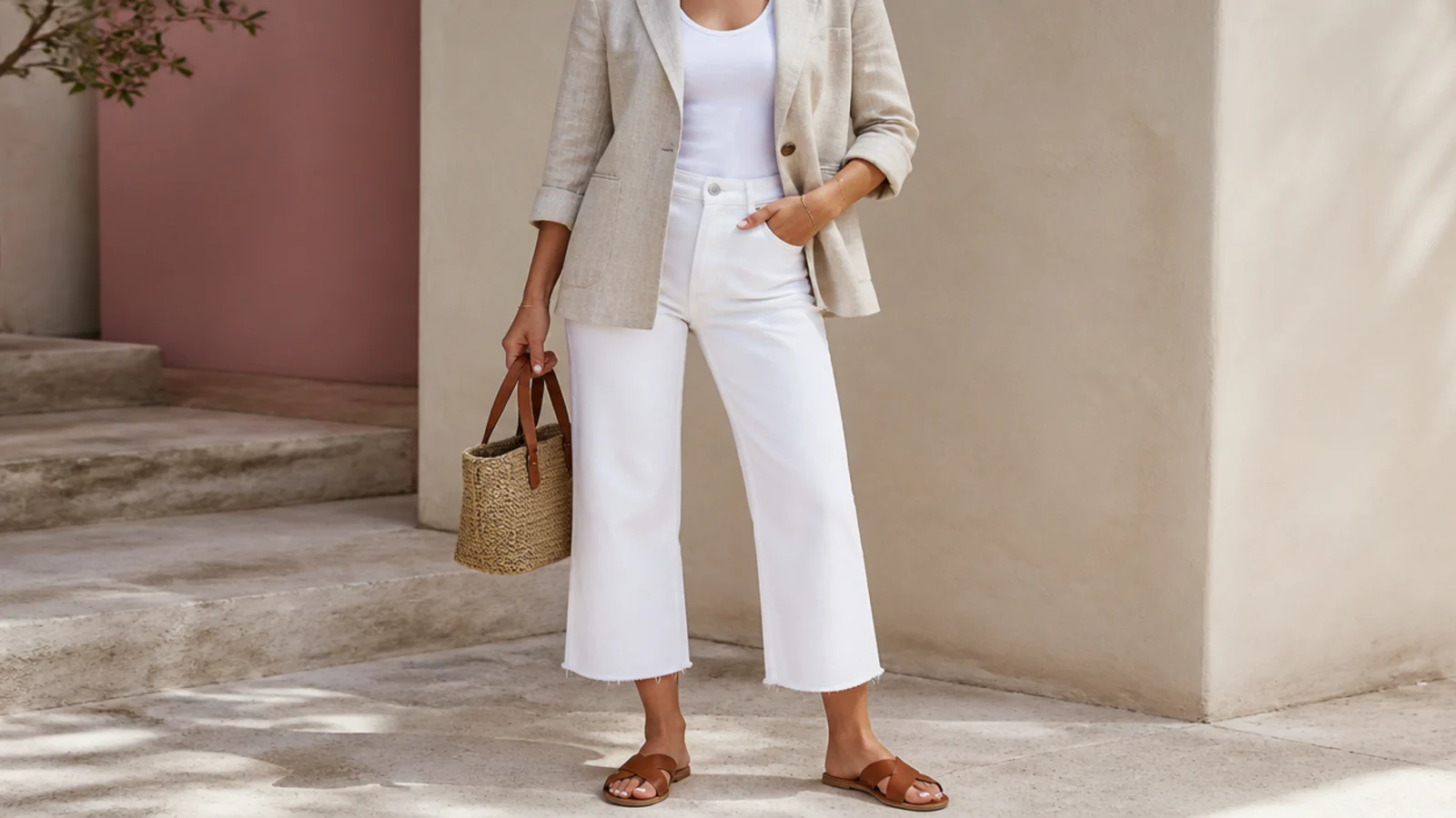 Faceless summer outfit with a sand linen blazer over a white tank with white cropped trousers and tan flat sandals