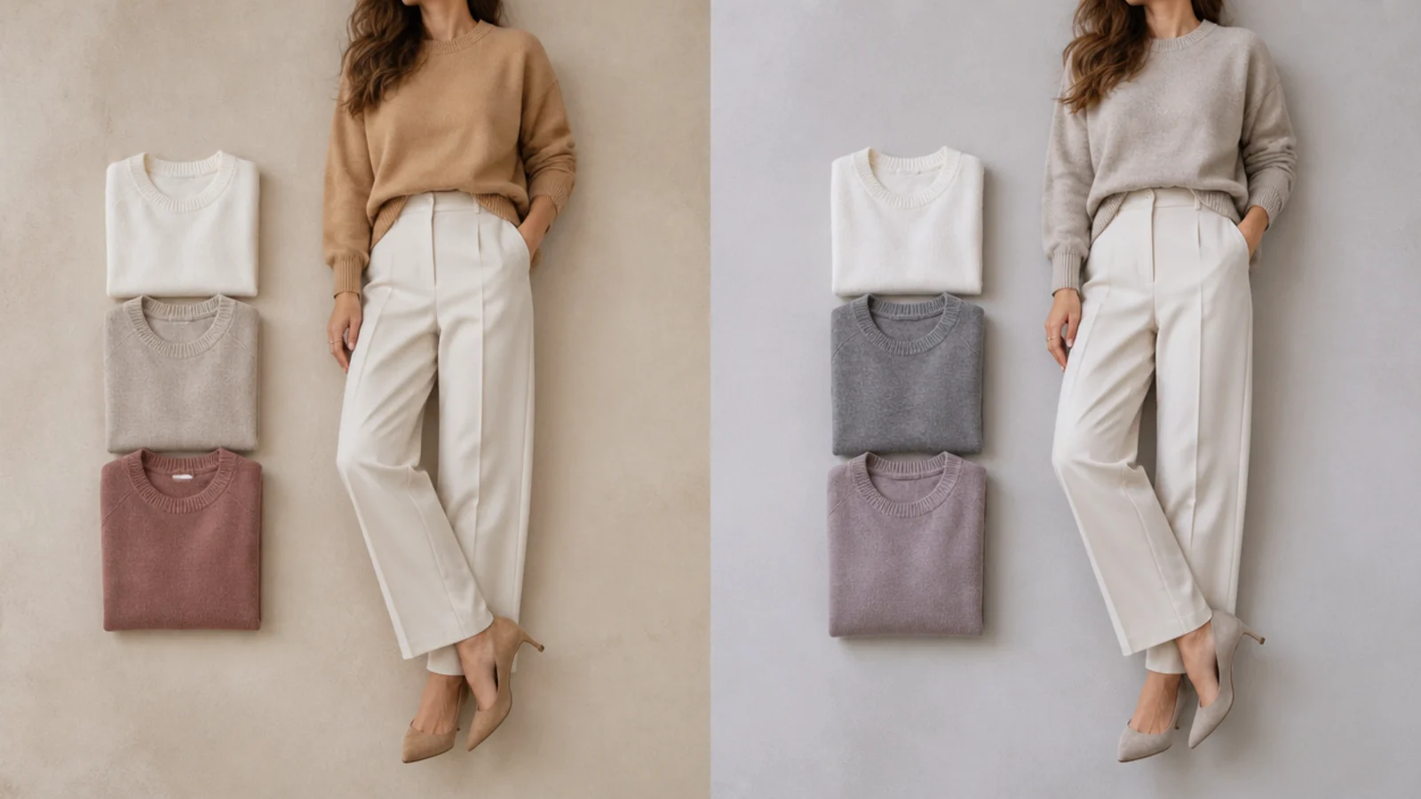 Faceless flat-lay comparing warm camel and cool greige knits against different neutral backdrops for skin matching
