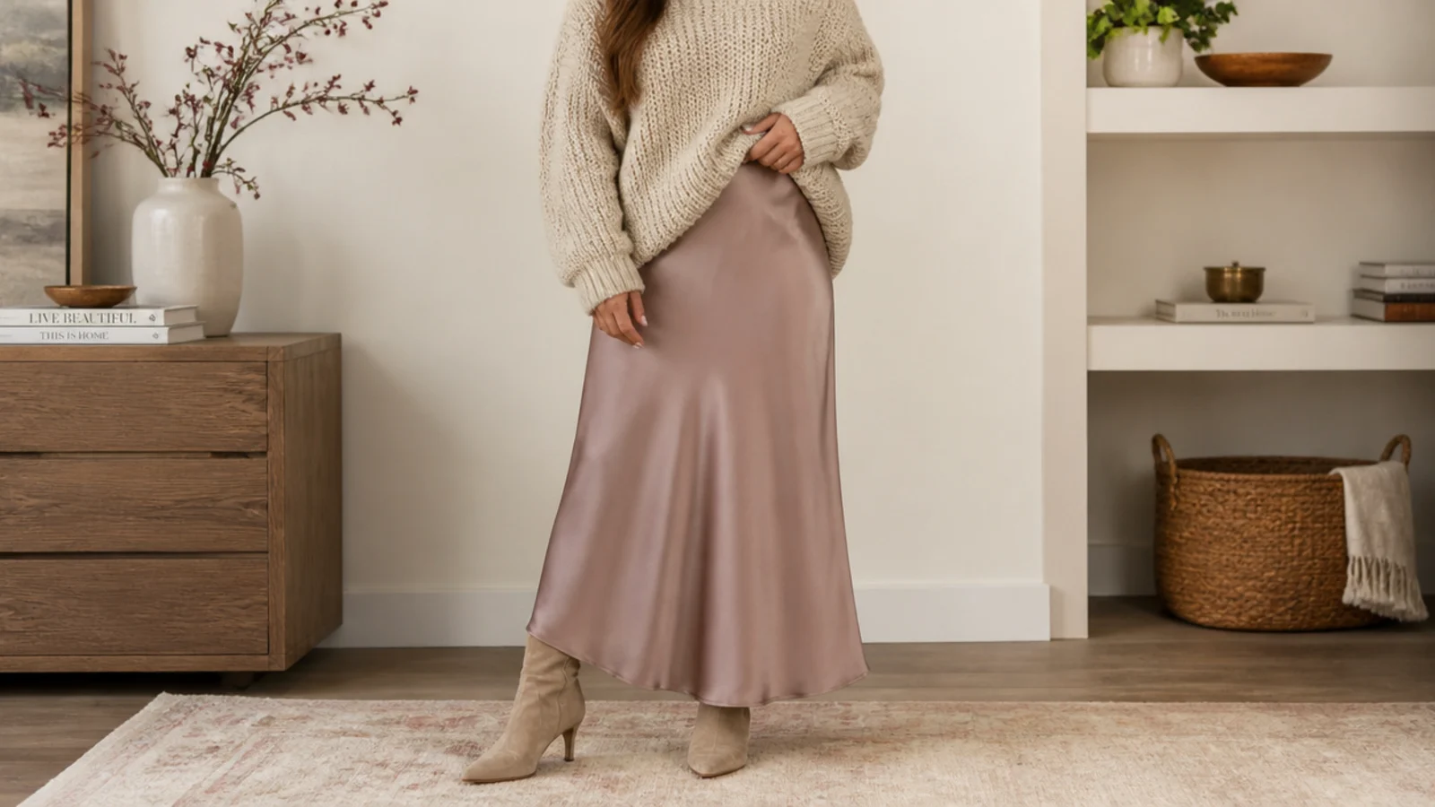 Faceless outfit mixing a chunky oatmeal knit, a satin slip skirt and a suede boot for texture depth