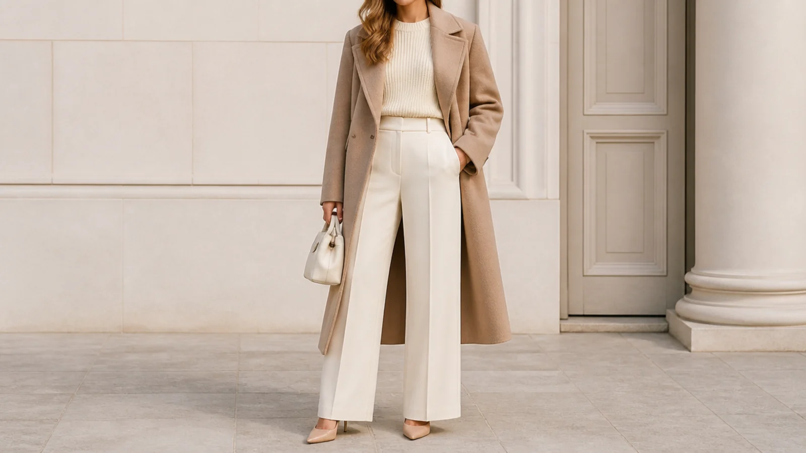Faceless neutral outfit with a camel coat over a cream knit and ivory wide-leg trousers with nude pumps