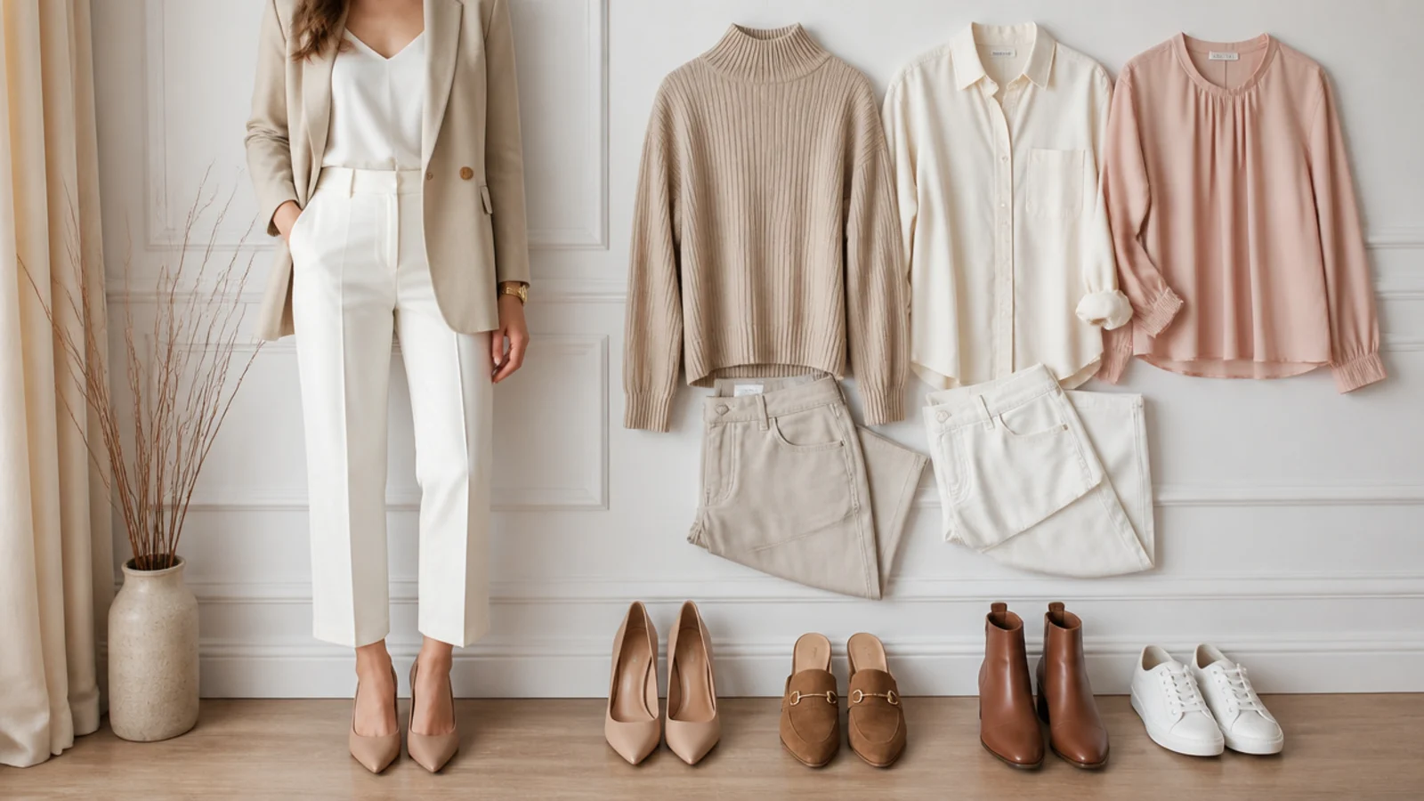 Faceless flat-lay of nude pointed pumps, tan suede mules, cognac boots and white leather sneakers beside neutral clothing
