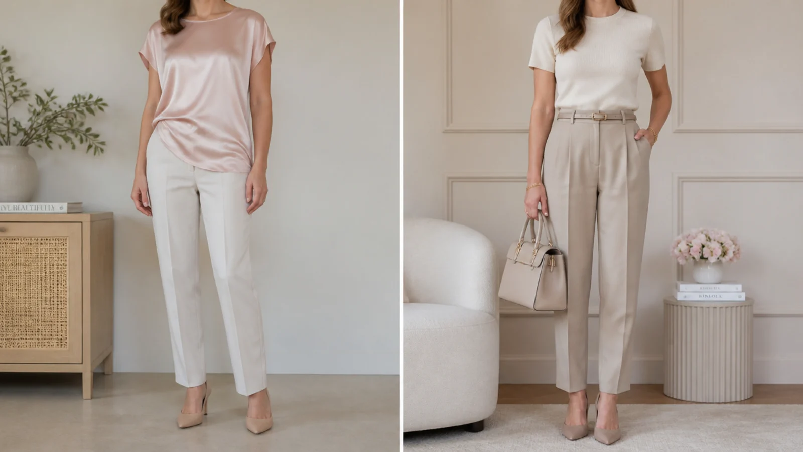 Faceless comparison of a shiny polyester top and an undefined waist beside a matte tailored neutral look
