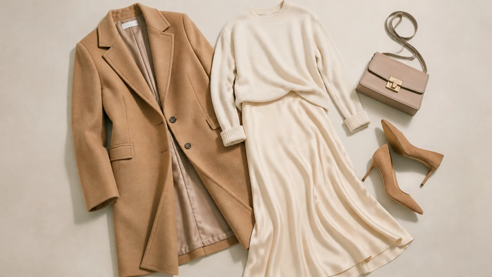 Faceless flat-lay of a camel coat, cream cashmere, ecru silk and tan suede shoe showing matte neutral fabrics