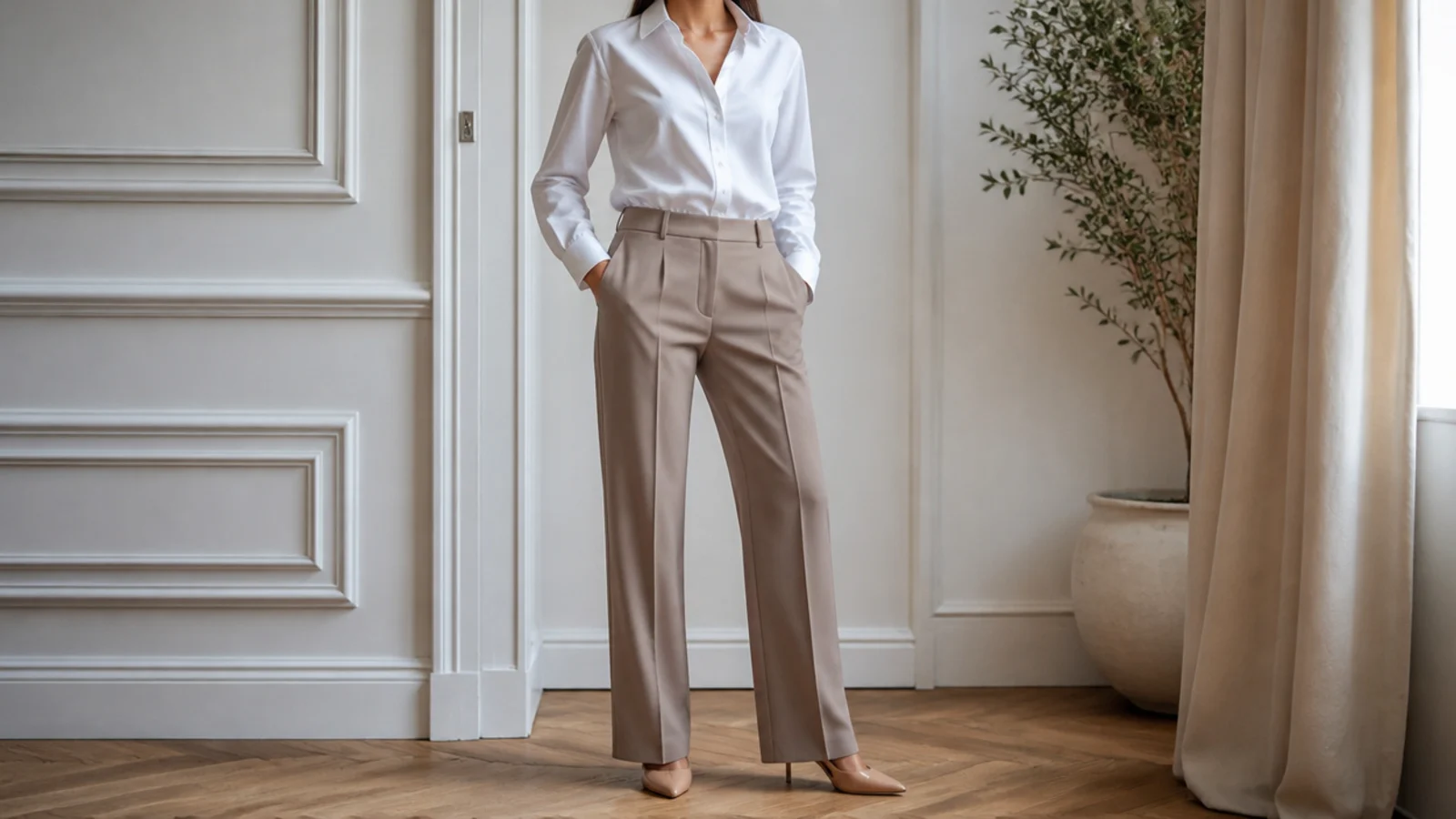 Faceless outfit with a crisp white poplin button-down shirt worn tucked into taupe trousers