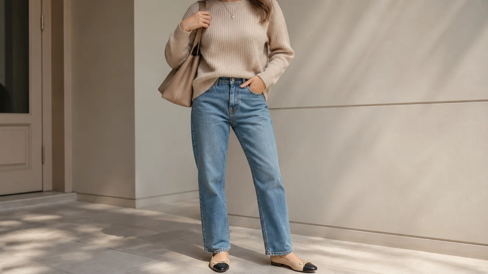 Faceless outfit with an oatmeal ribbed knit crewneck sweater over straight-leg jeans