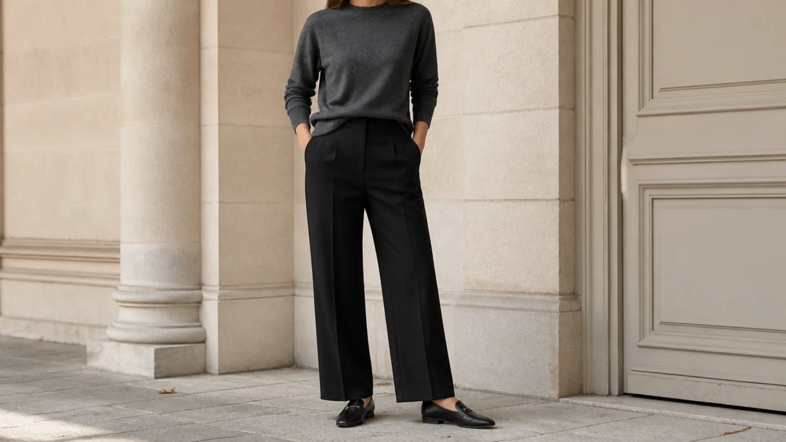 Faceless outfit with a charcoal-gray merino crewneck sweater over black tailored trousers