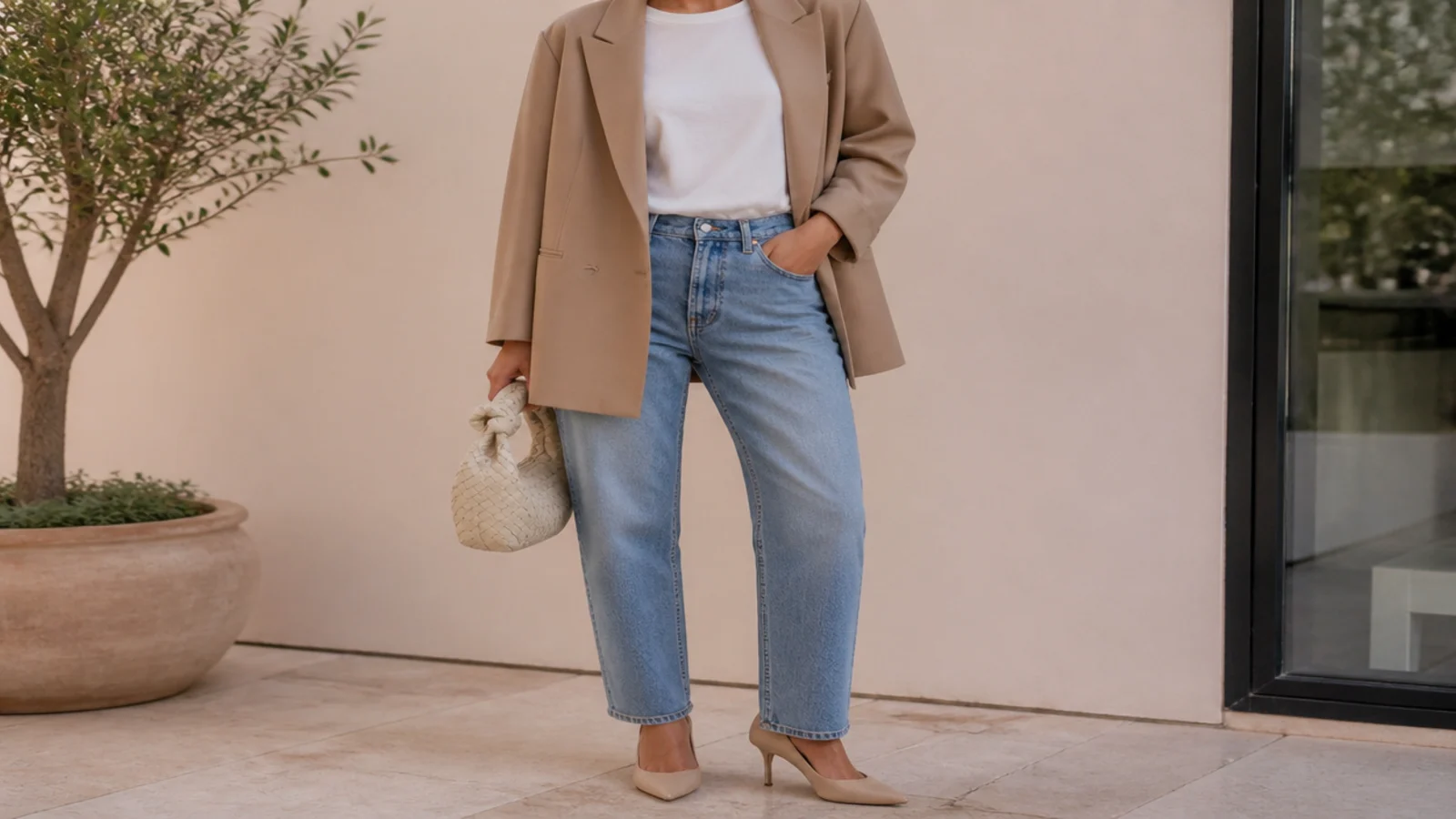 Faceless outfit with a camel oversized blazer worn open over a white tee and straight-leg jeans