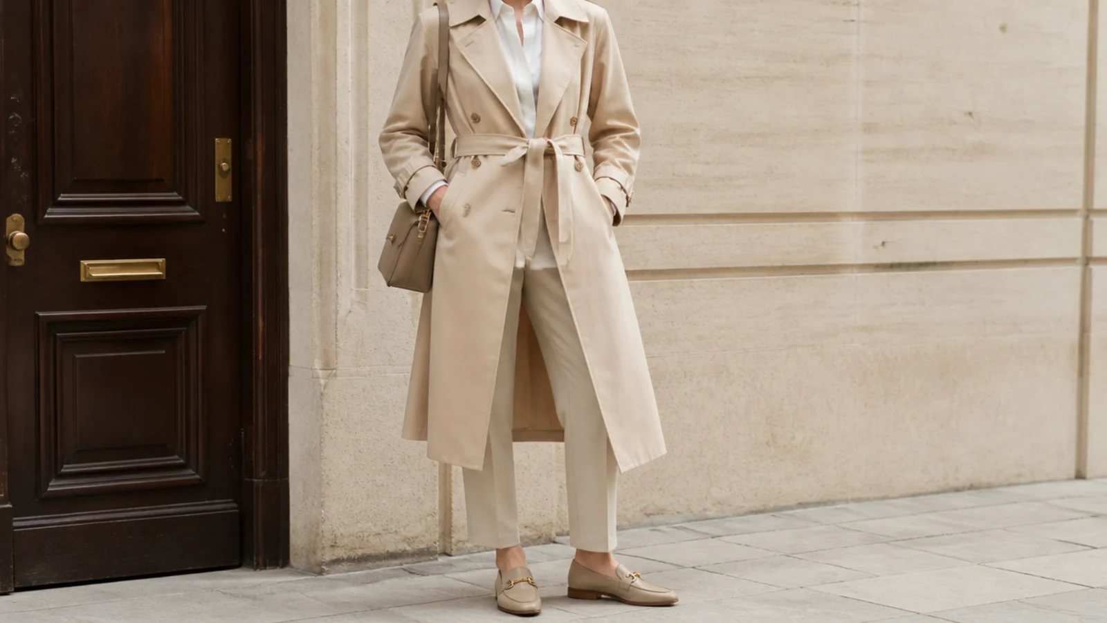 Faceless outfit with a classic beige cotton trench coat belted over tailored trousers and loafers