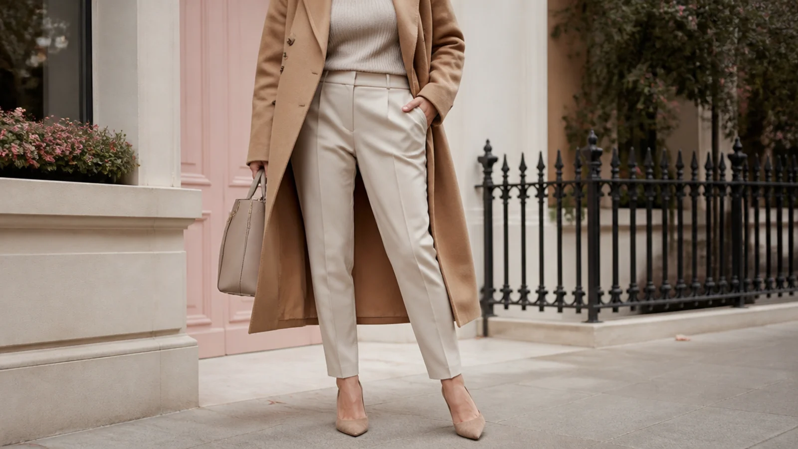 Faceless outfit with a camel wool overcoat worn over an oatmeal knit and tailored trousers