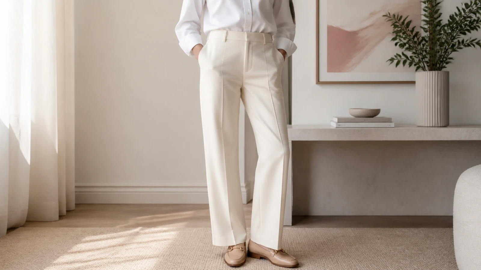 Faceless outfit with ecru tailored straight-leg trousers, a tucked white shirt and loafers