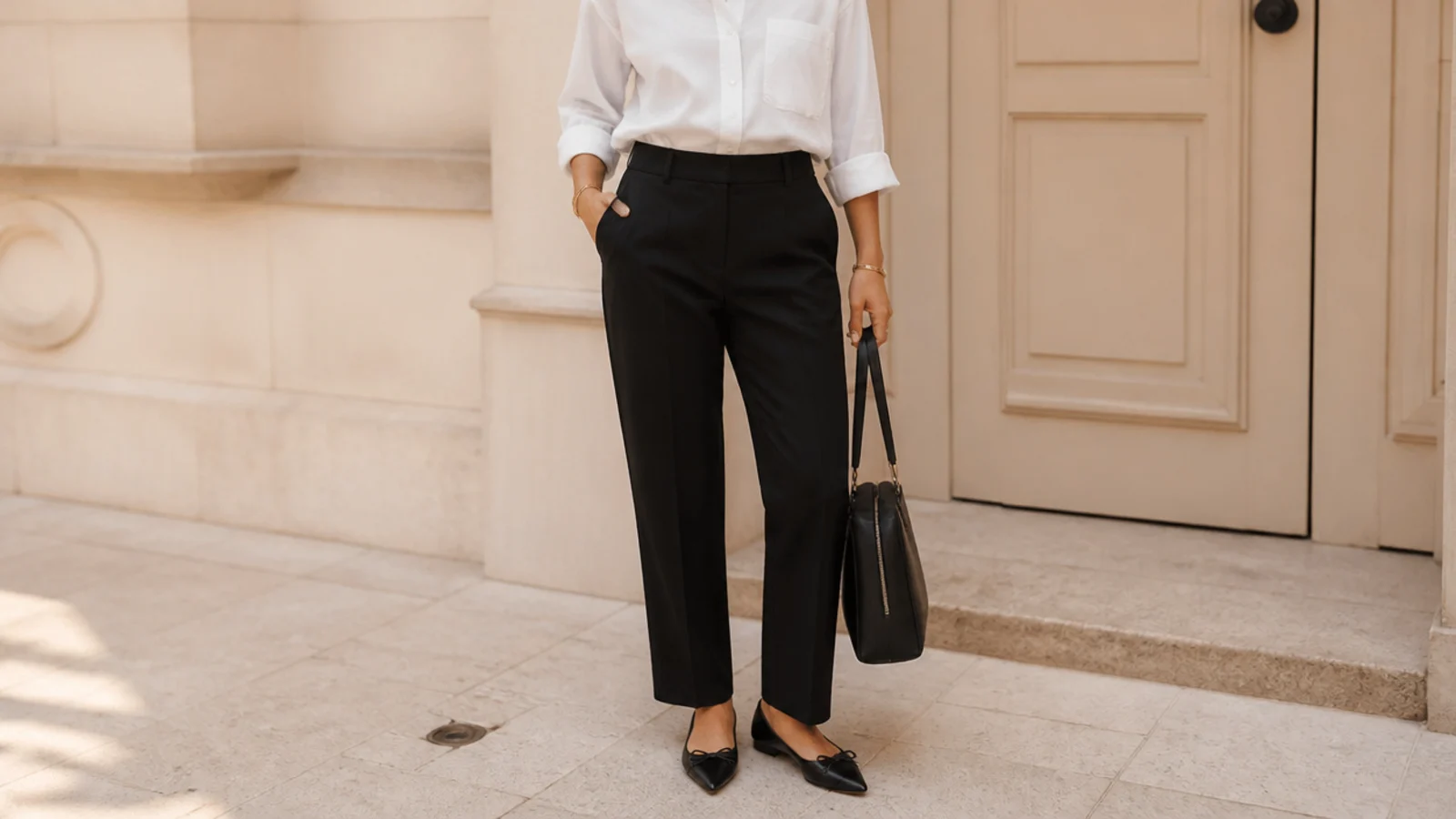 Faceless outfit with black tailored straight-leg trousers, a tucked white poplin shirt and pointed flats