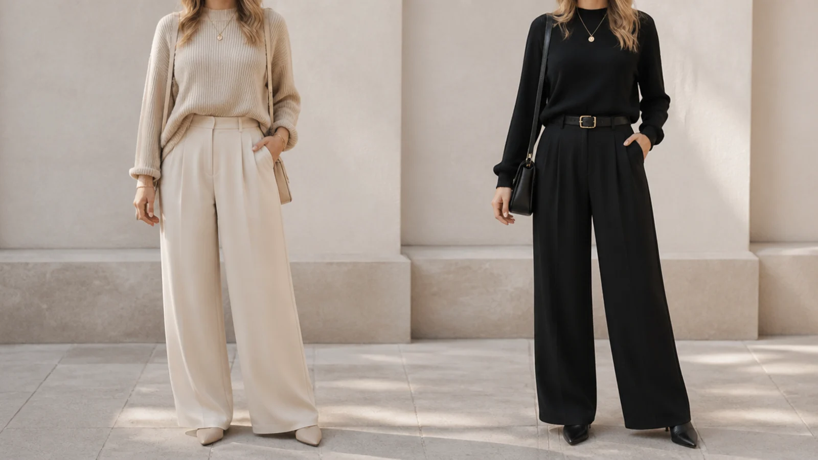 Faceless comparison of a beige tonal outfit beside a black-based outfit shown side by side