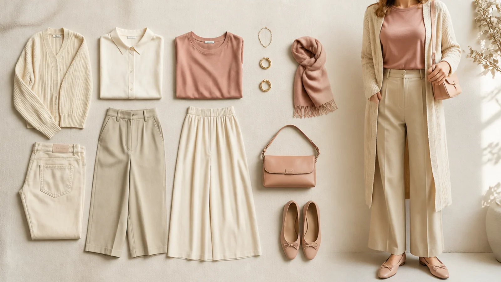 Faceless flat-lay of a neutral capsule wardrobe built from two core neutrals and one accent color