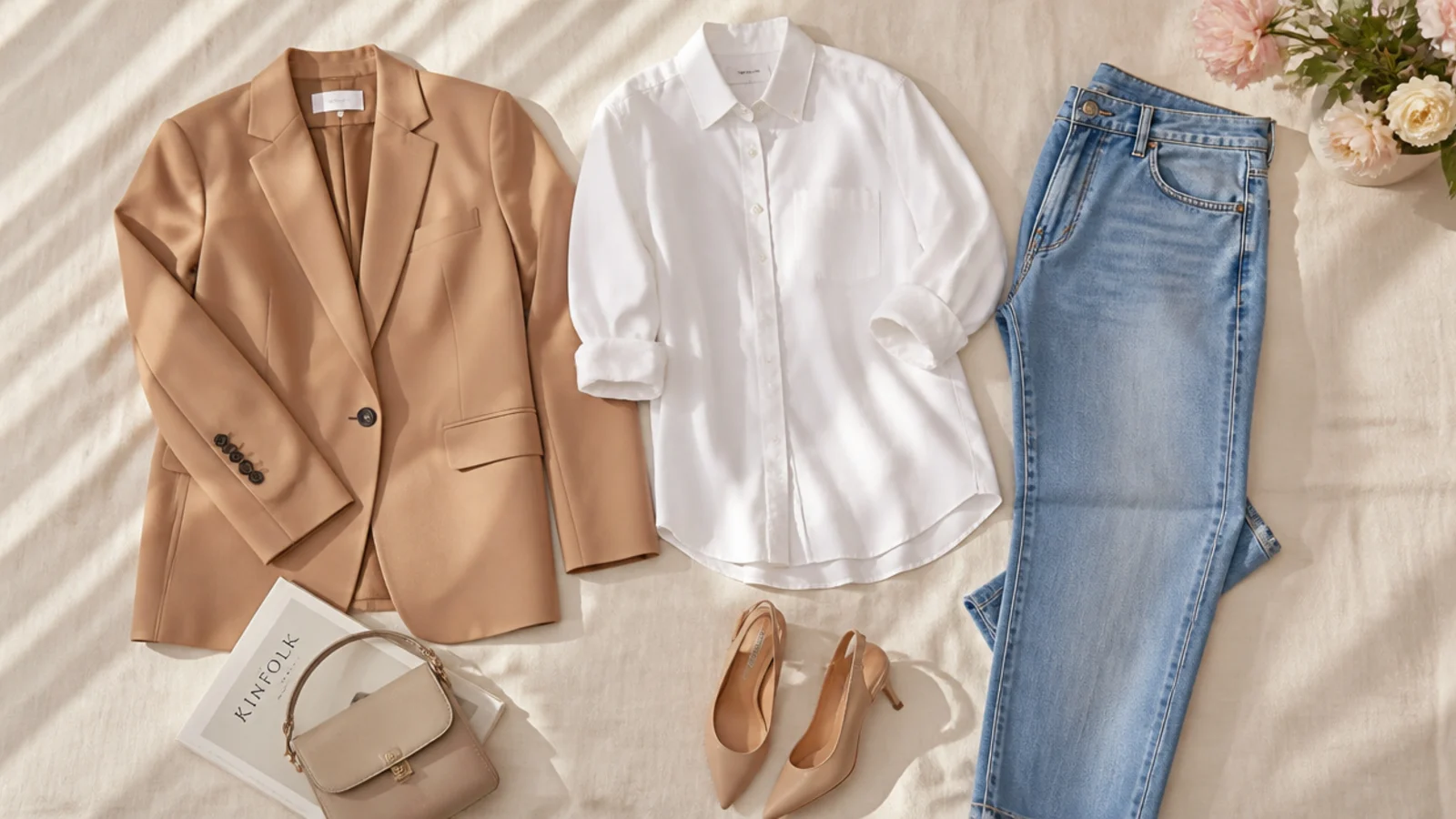 Faceless flat-lay of the first neutral basics to buy, a straight-leg jean, white poplin shirt and camel blazer