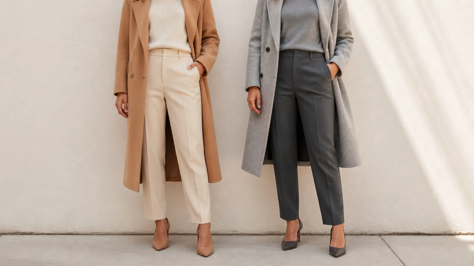 Faceless comparison of warm camel and ecru neutrals beside cool gray and charcoal neutrals against skin