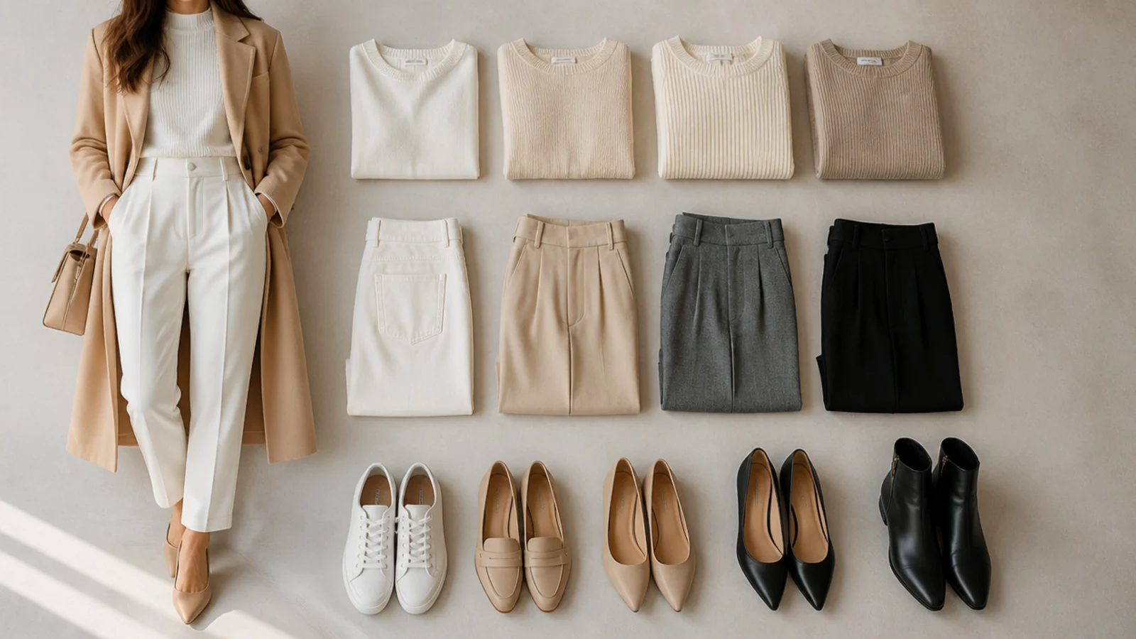Faceless flat-lay of the most versatile neutral colors from white and cream to camel, gray and black