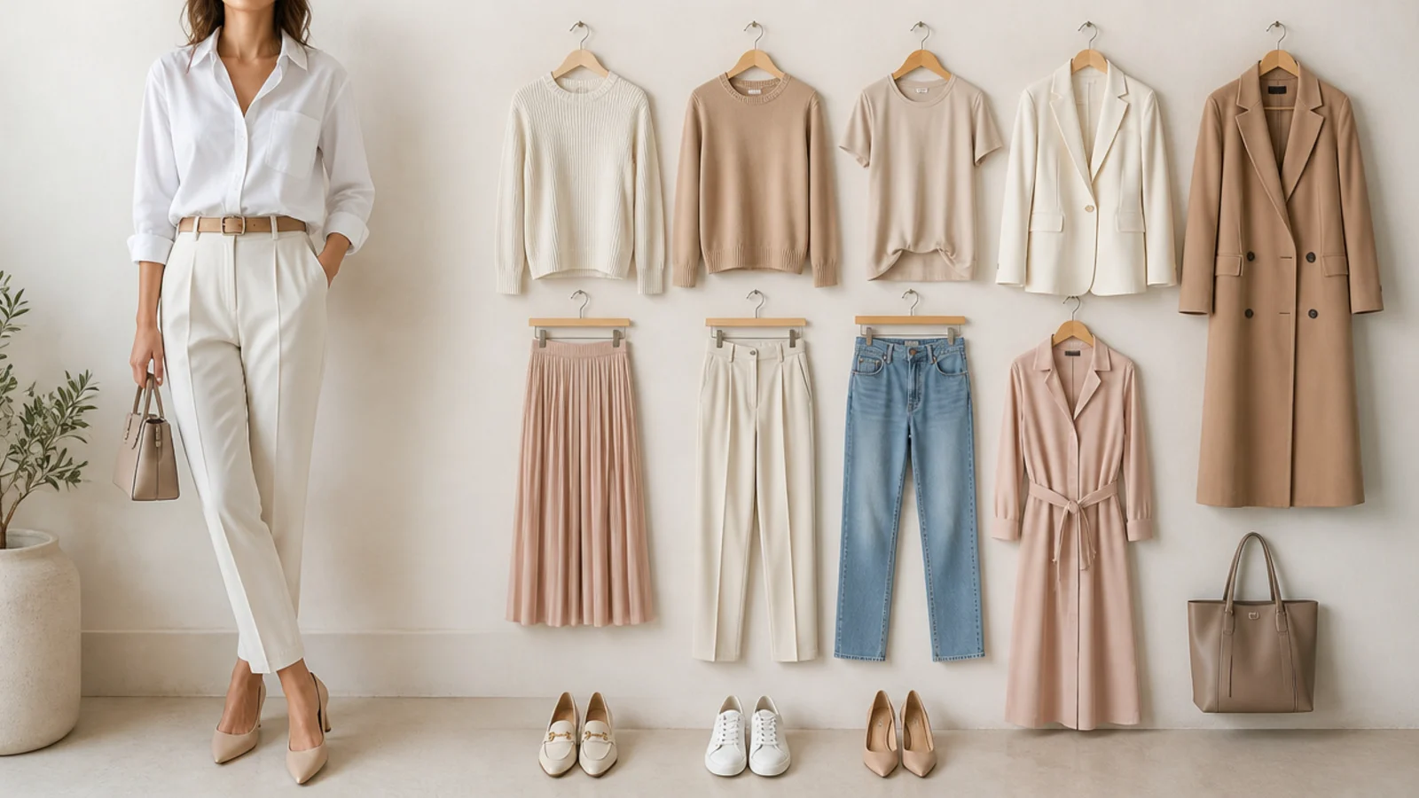 Faceless flat-lay of twelve neutral wardrobe staples compared, from a white poplin shirt to a camel wool coat