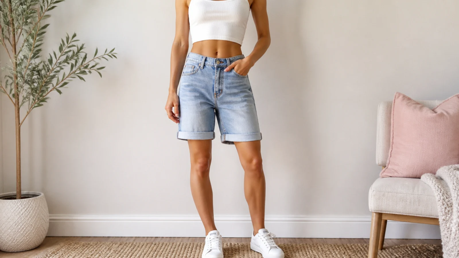 Faceless petite outfit with light-wash cuffed denim jorts, a short cropped white rib tank and white low-profile sneakers