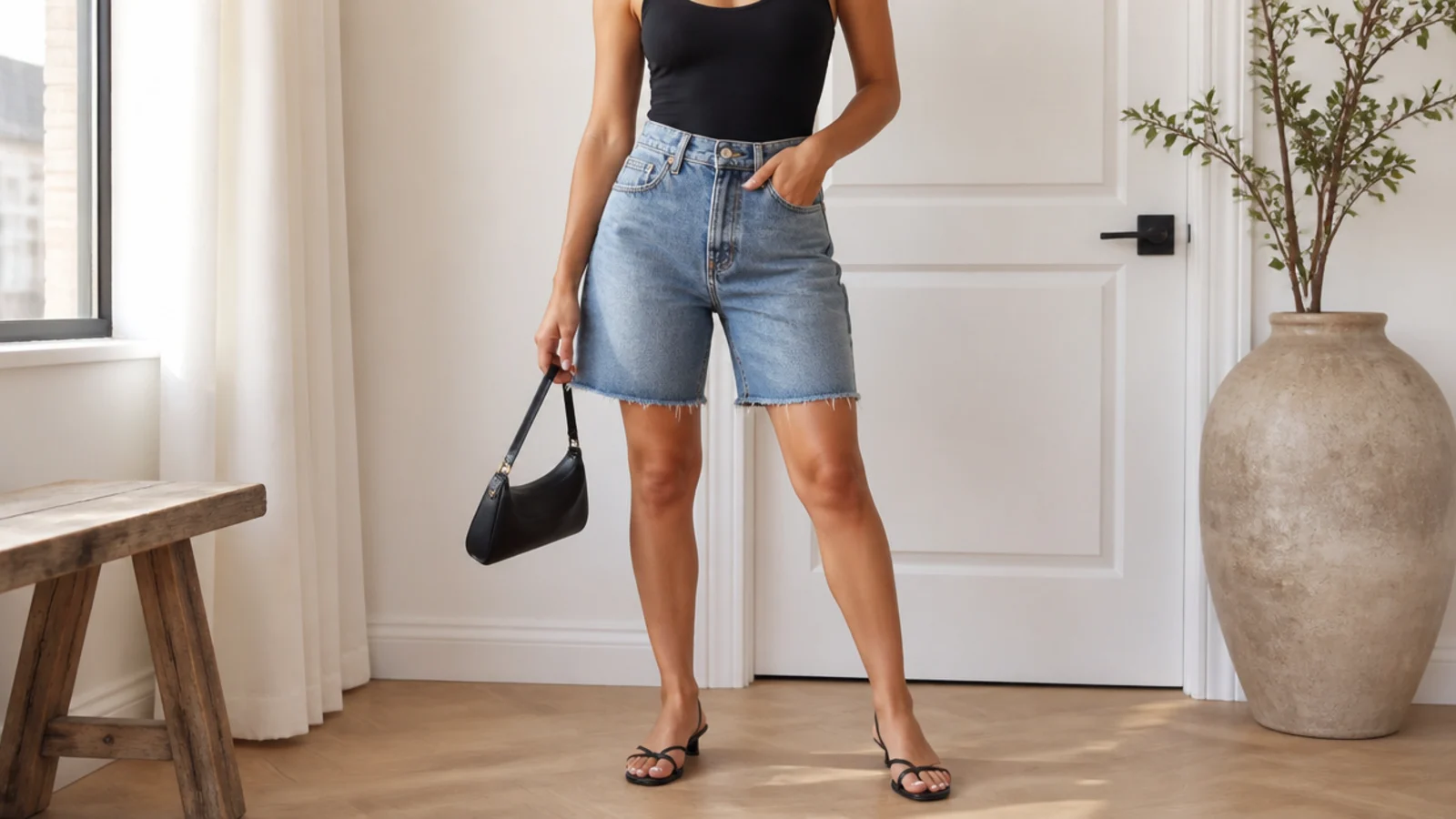 Faceless petite outfit with high-waisted mid-wash denim jorts and a fitted black scoop-neck bodysuit