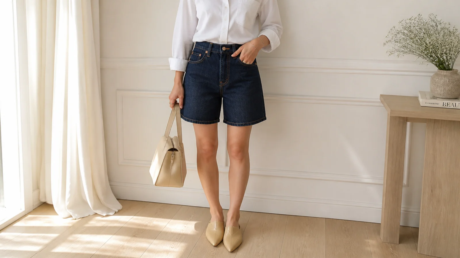Faceless petite outfit with rigid dark indigo denim jorts, a crisp white poplin shirt tucked in and tan pointed mules