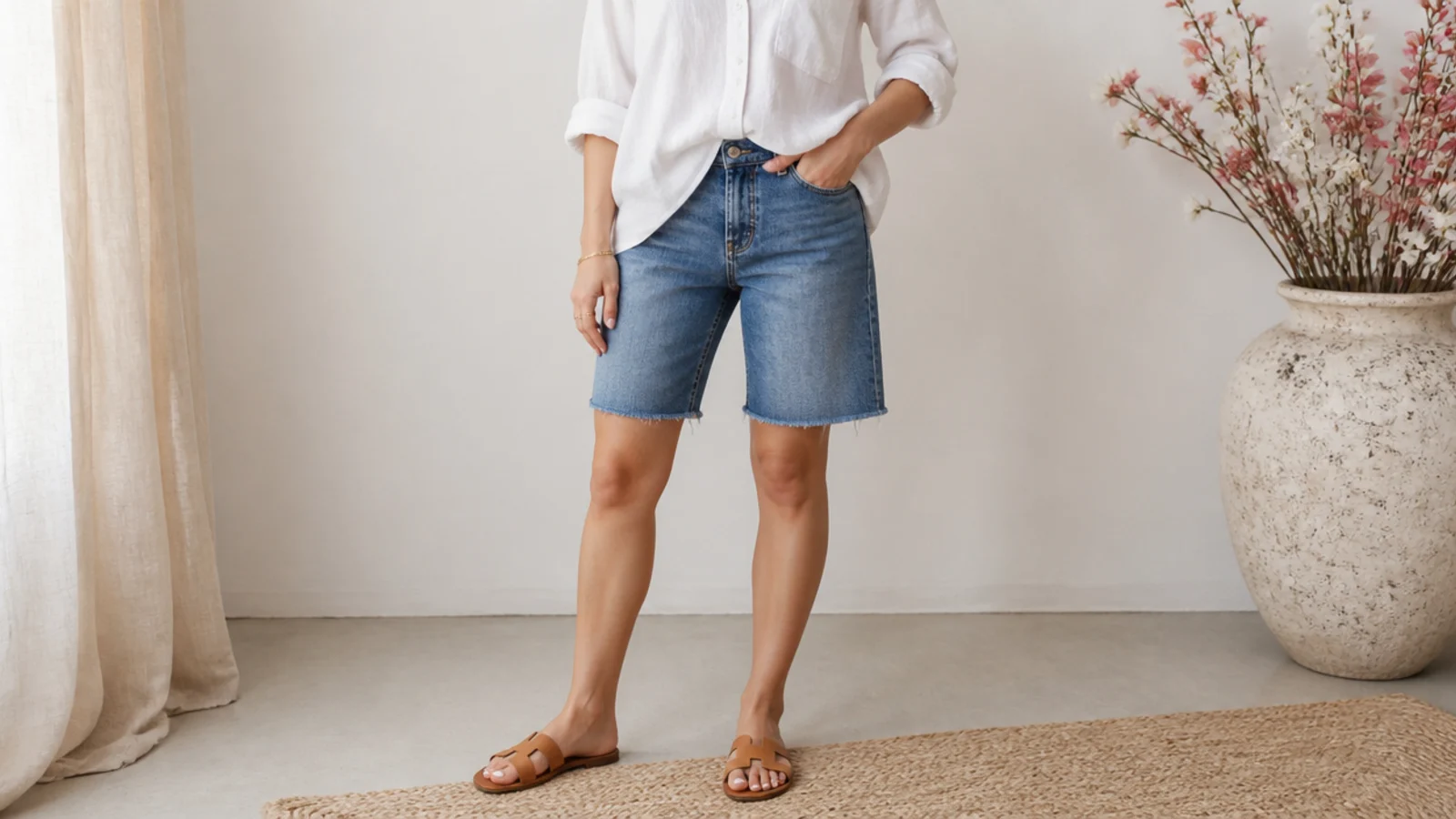 Faceless petite outfit with mid-wash denim jorts, a white linen shirt half-tucked at the front and tan flat sandals