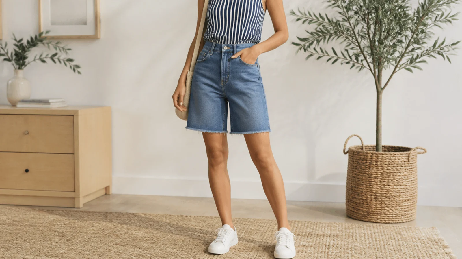 Faceless petite outfit with high-rise mid-wash denim jorts, a tucked navy and white vertical-stripe tank and white sneakers