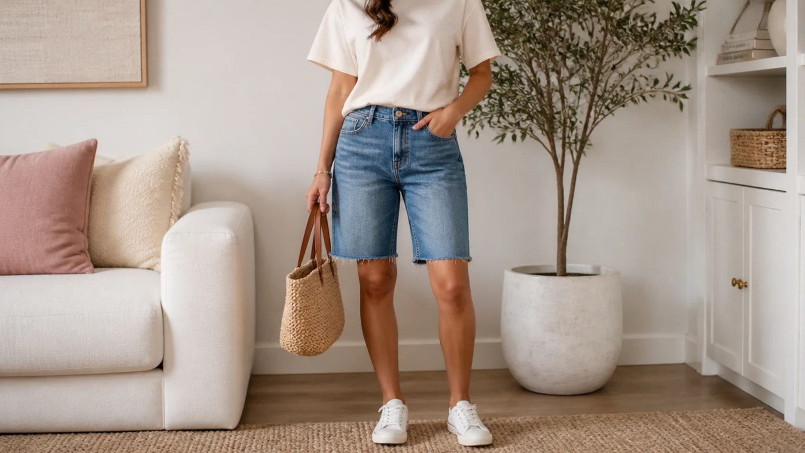 Faceless petite casual outfit with mid-wash denim jorts, a tucked cream tee and low-profile white leather sneakers