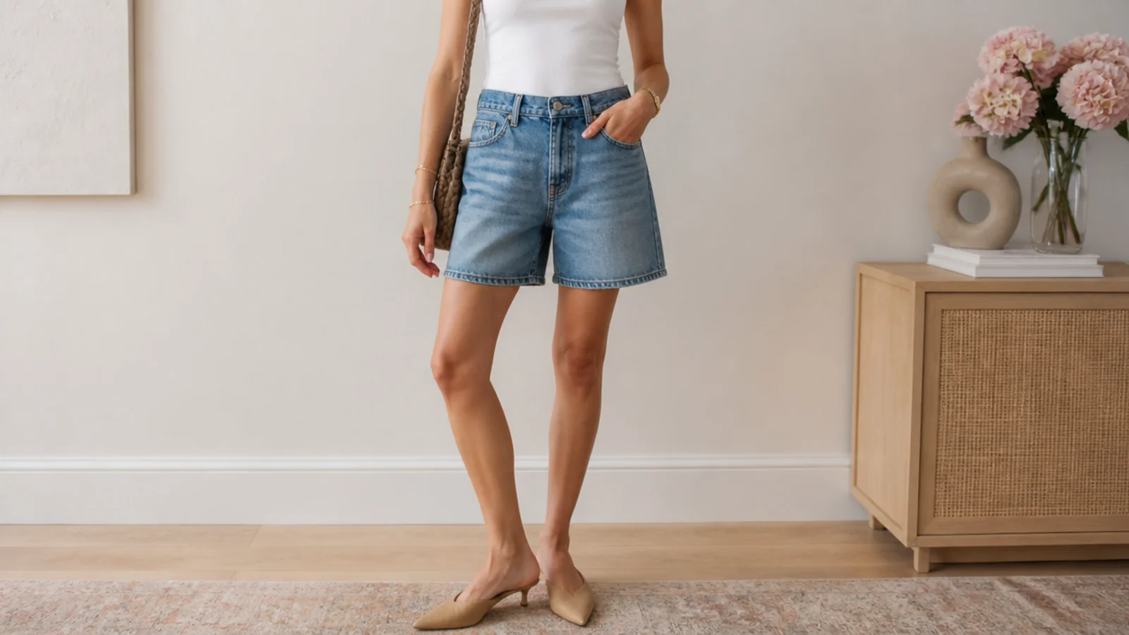 Faceless petite outfit with mid-wash denim jorts, a tucked white tank and tan low-heeled pointed mules