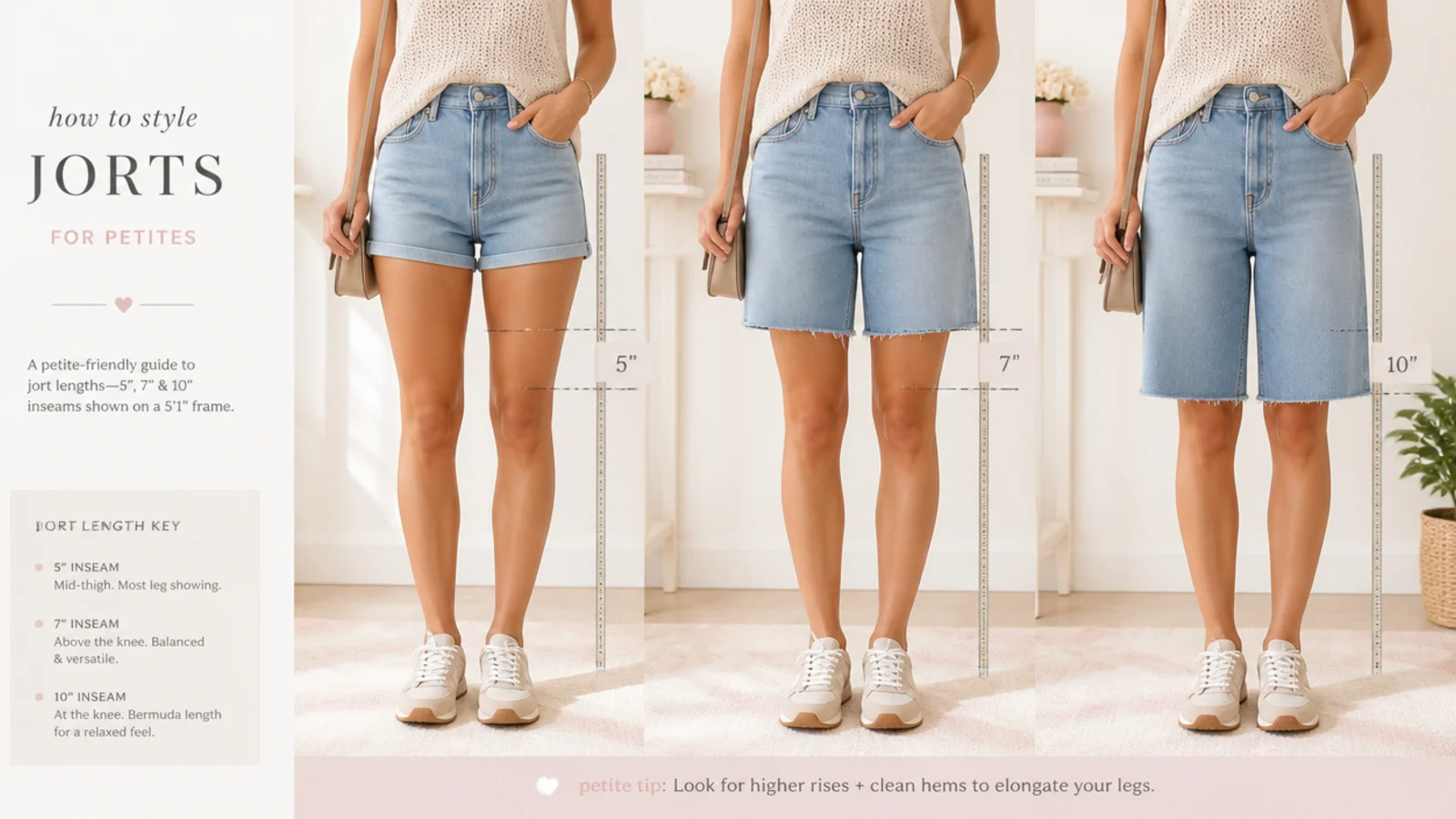 Faceless flat-lay comparing 5-inch, 7-inch and 10-inch denim jorts measured against a tape for petite length