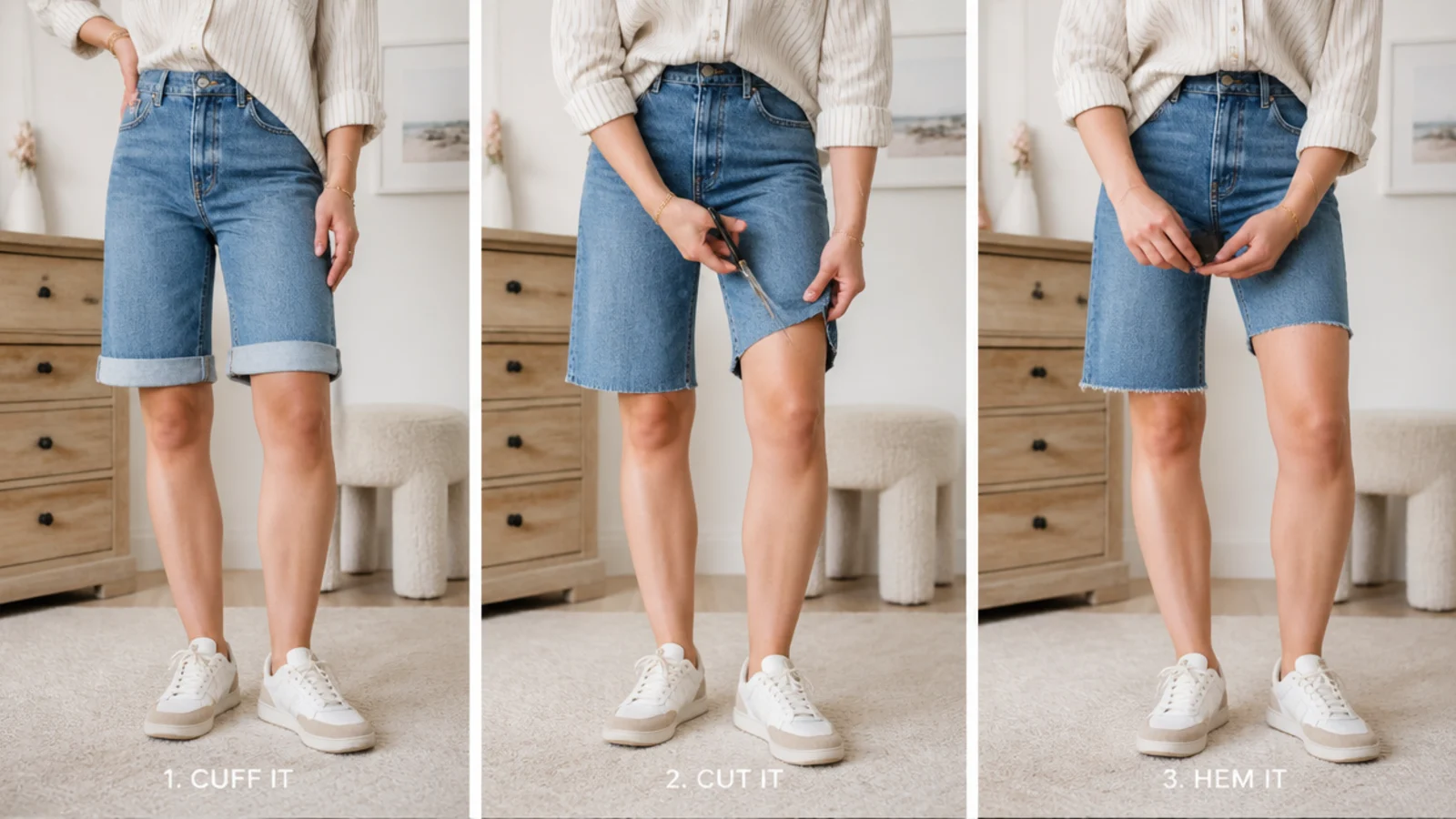Faceless close-up sequence of a denim jort being cuffed once and being hemmed to a clean mid-thigh edge
