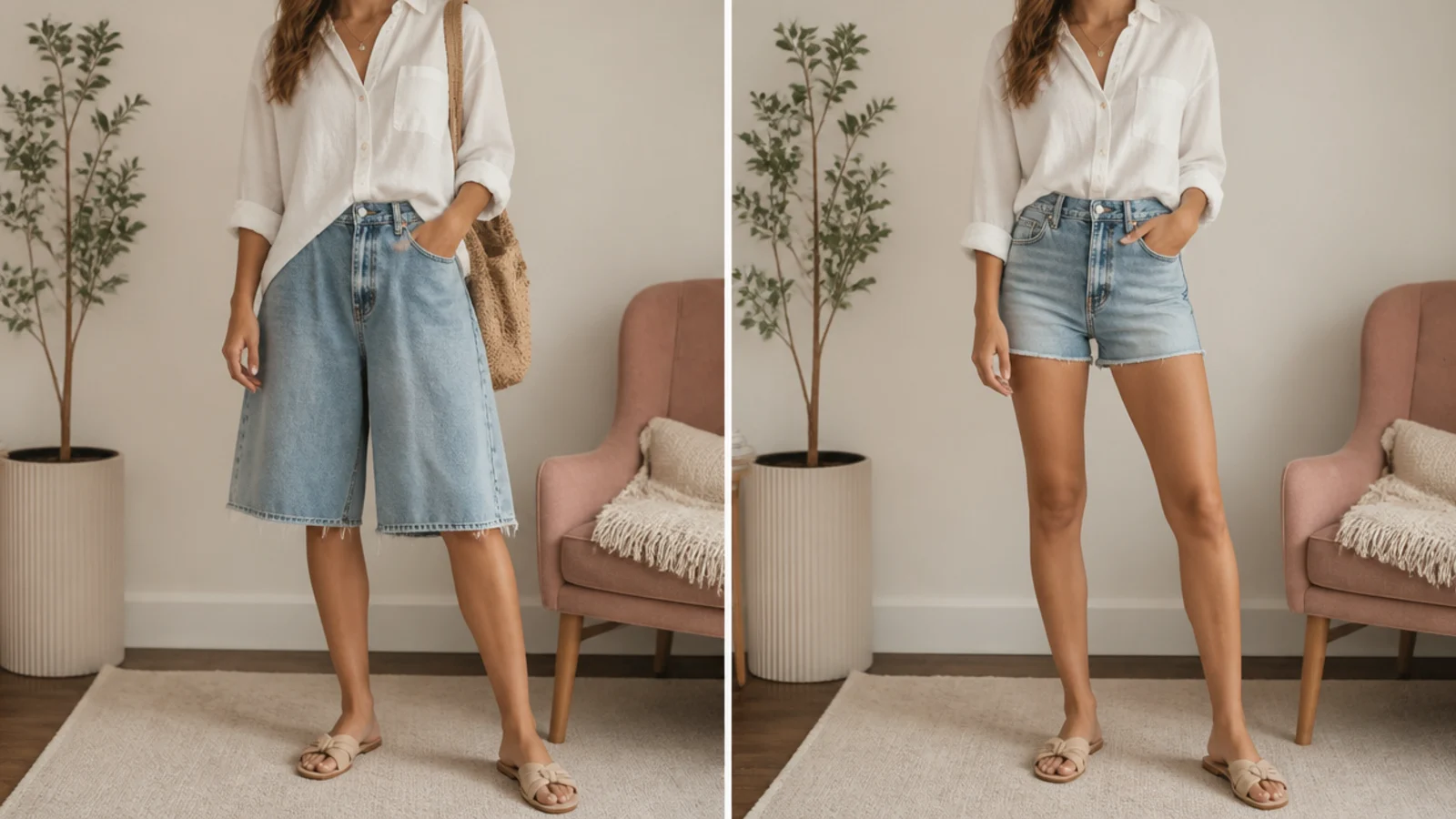 Faceless side-by-side of a knee-length baggy jort outfit next to a corrected high-rise mid-thigh jort outfit