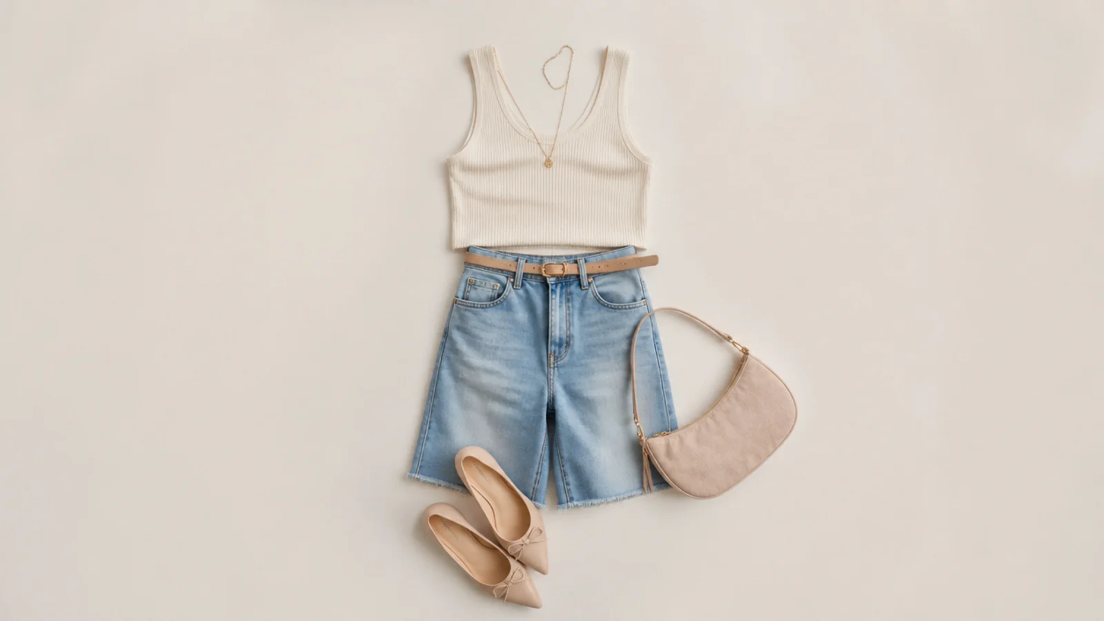 Faceless flat-lay of high-rise denim jorts styled for petites with a cropped tank, pointed flats and a slim belt