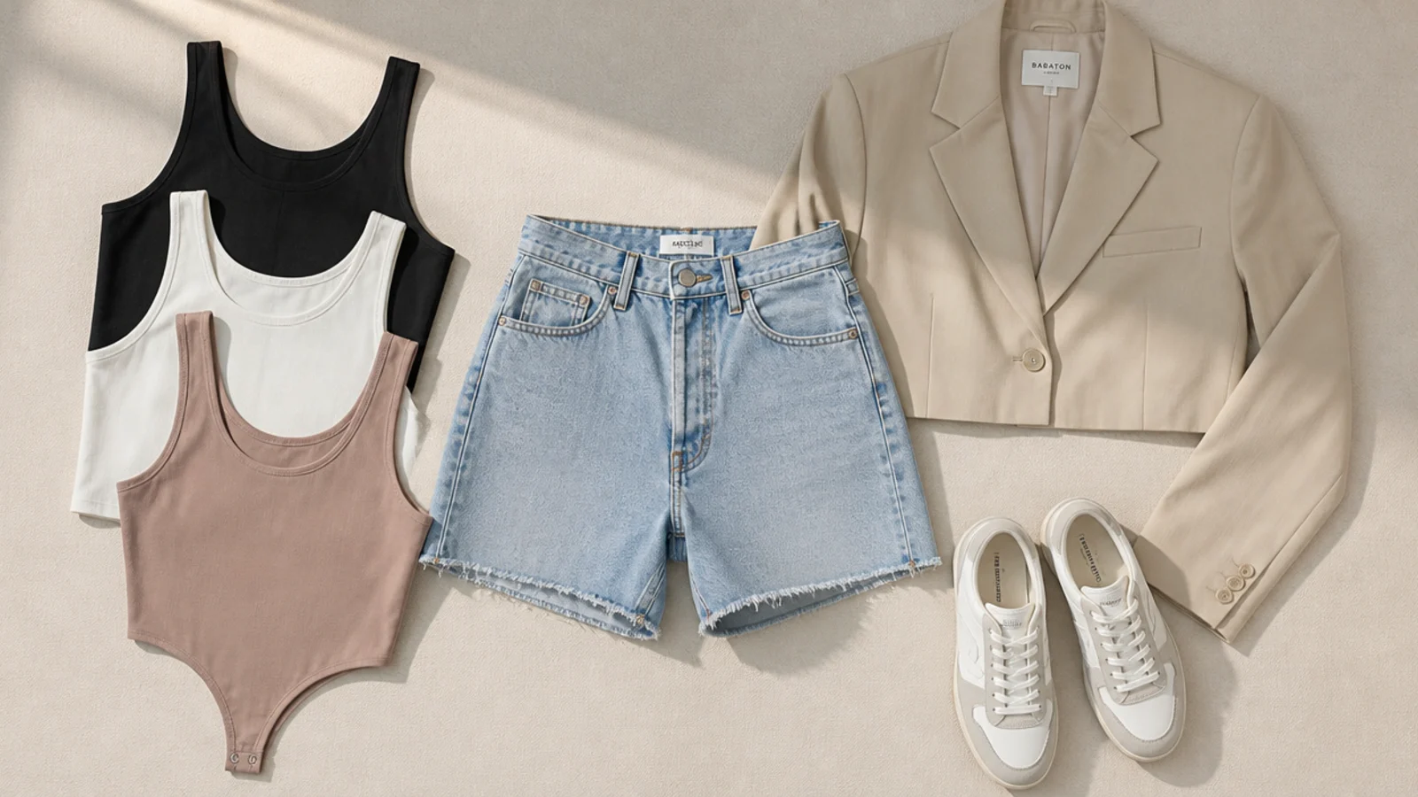 Faceless flat-lay of cropped tanks, a fitted bodysuit and a cropped blazer laid beside high-rise denim jorts