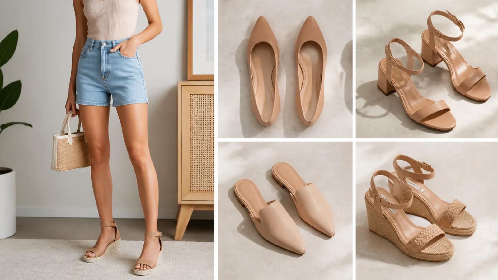 Faceless flat-lay of nude pointed flats, nude block-heeled sandals, low pointed mules and tan wedges for petite jorts