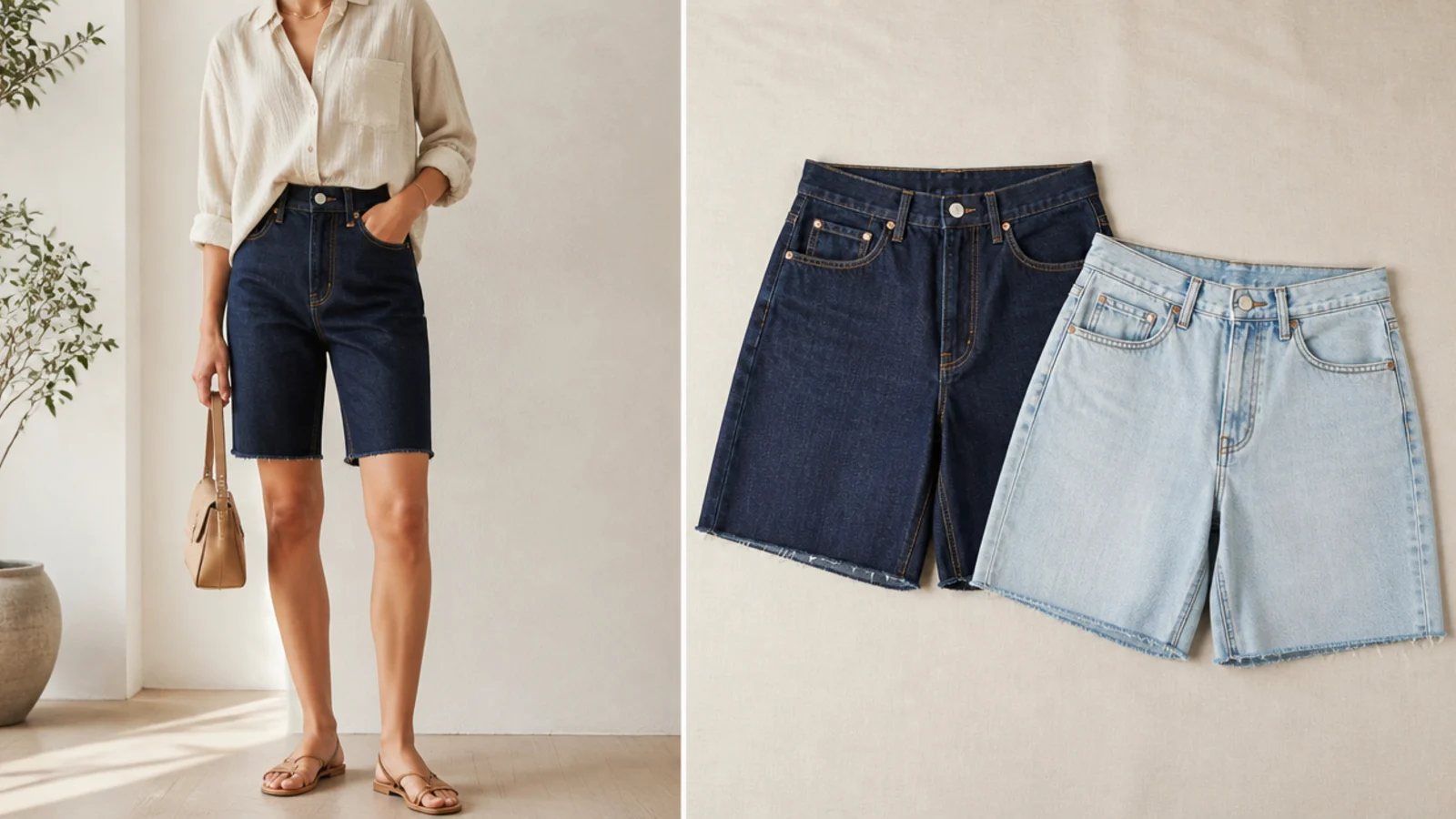 Faceless flat-lay of a rigid dark indigo jort beside a soft light-wash jort