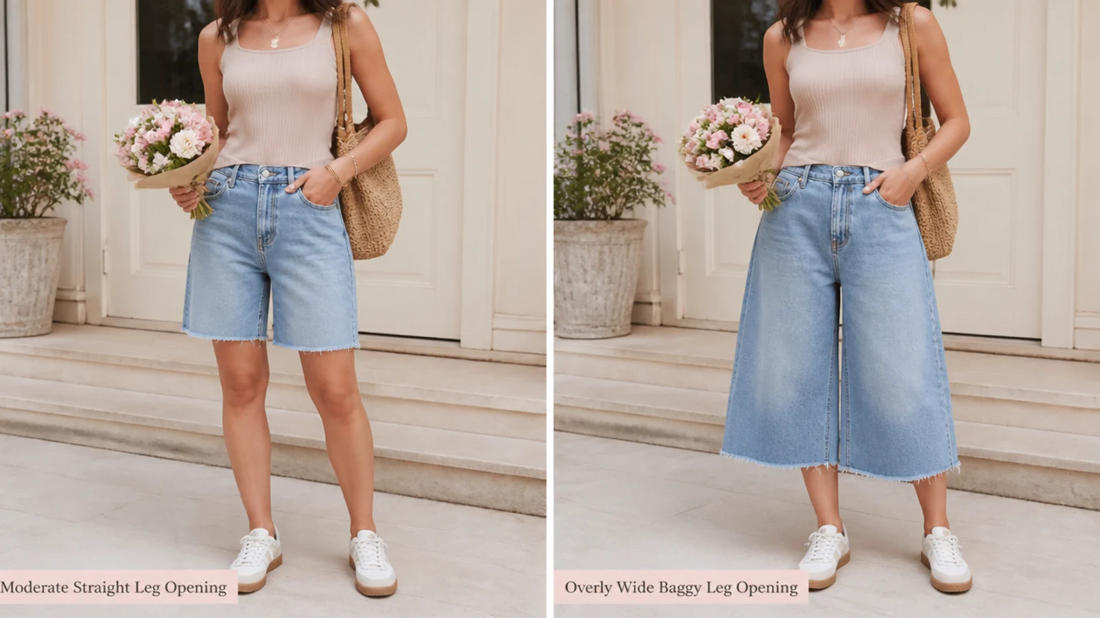 Faceless side-by-side of a moderate straight leg opening and an overly wide baggy leg opening on jorts