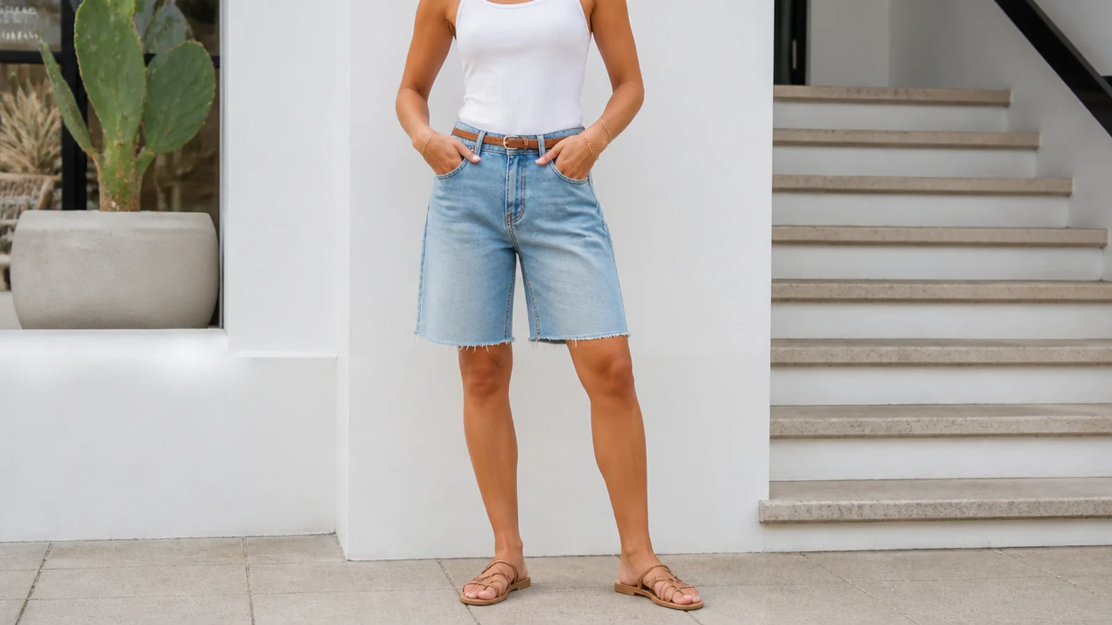 Faceless close-up of a fitted white tank fully tucked into a high-rise jort waistband with a slim belt