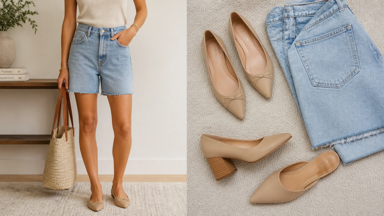 Faceless flat-lay of nude pointed flats, a nude block heel and a low pointed mule beside a denim jort