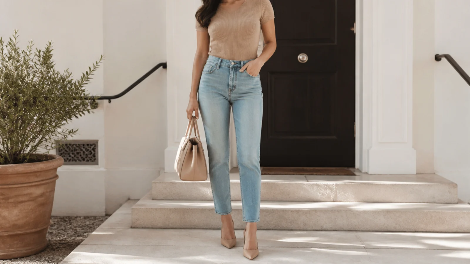 Faceless petite outfit showing a tonal top, denim and shoe forming an unbroken vertical color column