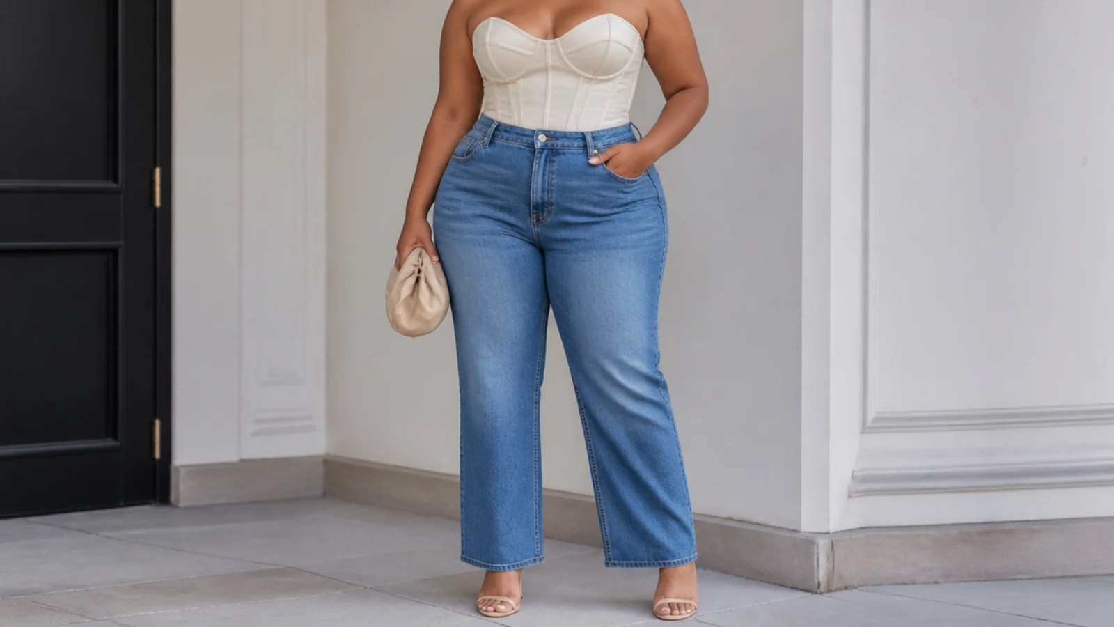 Faceless waist-up shot of a structured plus size corset top with high-waisted mid-blue straight-leg jeans and heeled sandals