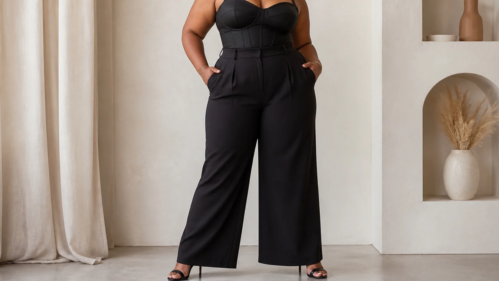 Faceless full-length shot of a black plus size corset top with high-waisted wide-leg tailored trousers and heels